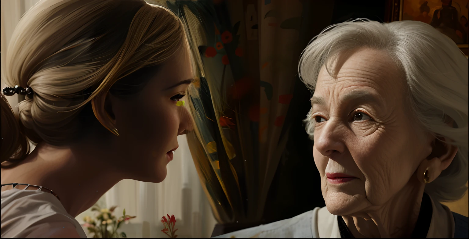 mulher mais velha olhando para a mulher mais nova no espelho com cabelo no coque, Retrato VFX altamente detalhado, retrato vfx altamente detalhado de, Film painting, cinematic digital painting, por mads mountain, pintura digital 4k, retrato da vida real, arte conceitual hiper-realista, Cinematic realistic portrait, pintura digital fotorrealista, pintura digital ultra realista, pictorial portrait, obras de arte impressionantes