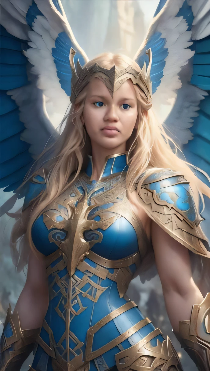 uma mulher em uma roupa azul e dourada com asas, mystical atlantean valkyrie, Artgerm Julie Bell Beeple, as a mystical valkyrie, Graphic artist Magali Villeneuve, Magali Villeneuve»,  do cavaleiro do anjo, angel in plastic armor, artgerm detalhado, inspirado em Magali Villeneuve, wlop e artgerm