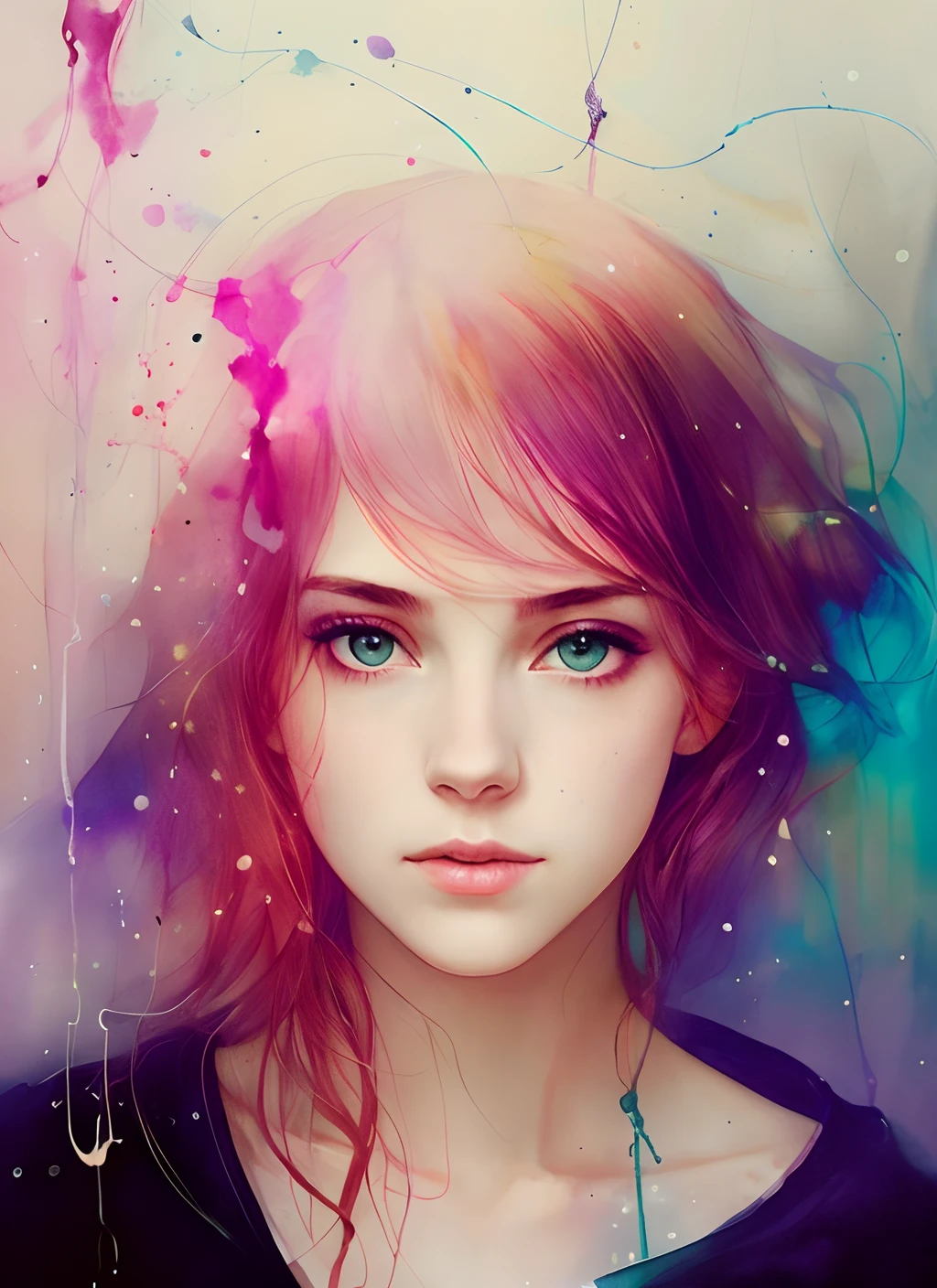 (8k, best quality, masterpiece:1.2),(best quality:1.0), (ultra highres:1.0), watercolor, a beautiful woman, shoulder, hair ribbons, by agnes cecile, half body portrait, extremely luminous bright design, pastel colors, (ink:1.3), autumn lights