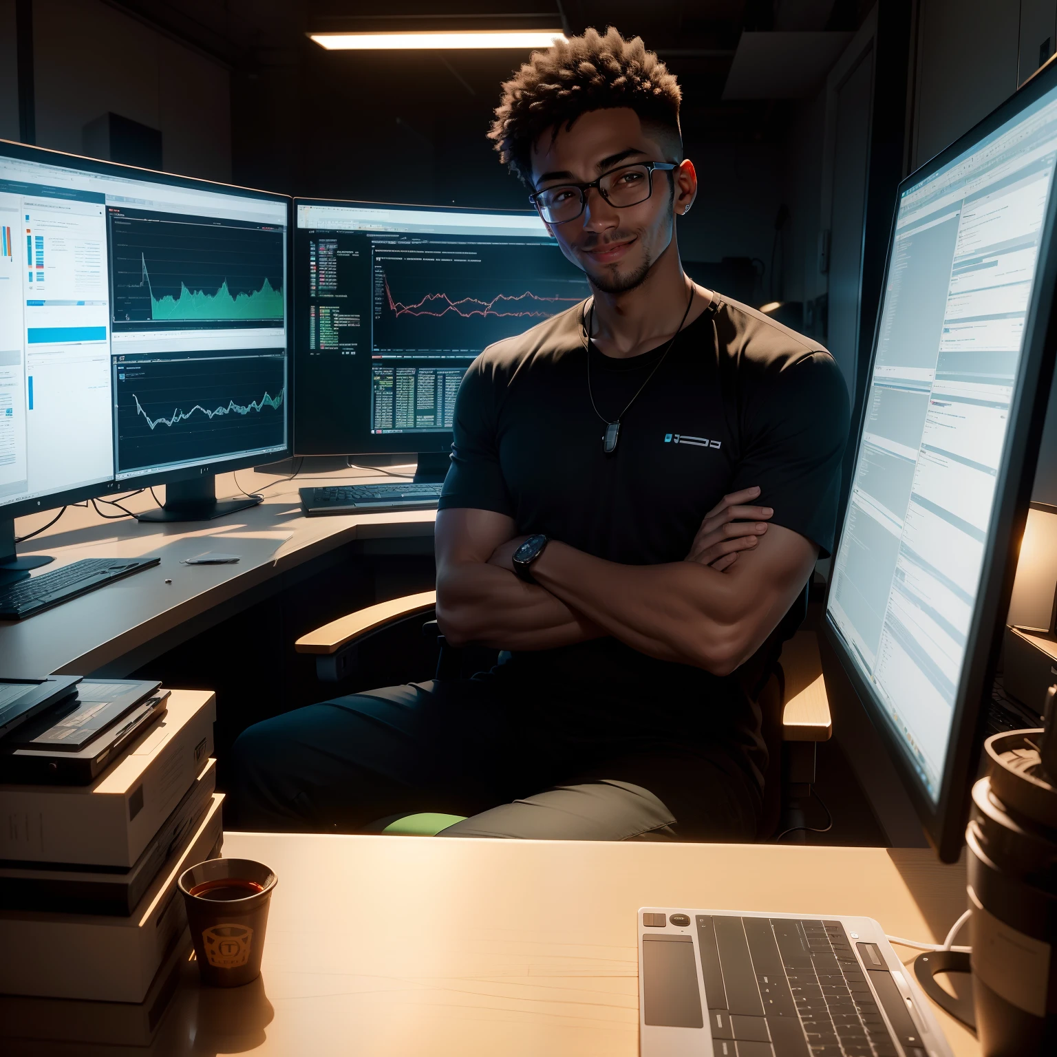 There is a smiling man sitting at a desk with a laptop and a monitor, maintenance, young man, looking menacing, looking at statistical graph in two big monitors, future coder man looking on, during golden hour