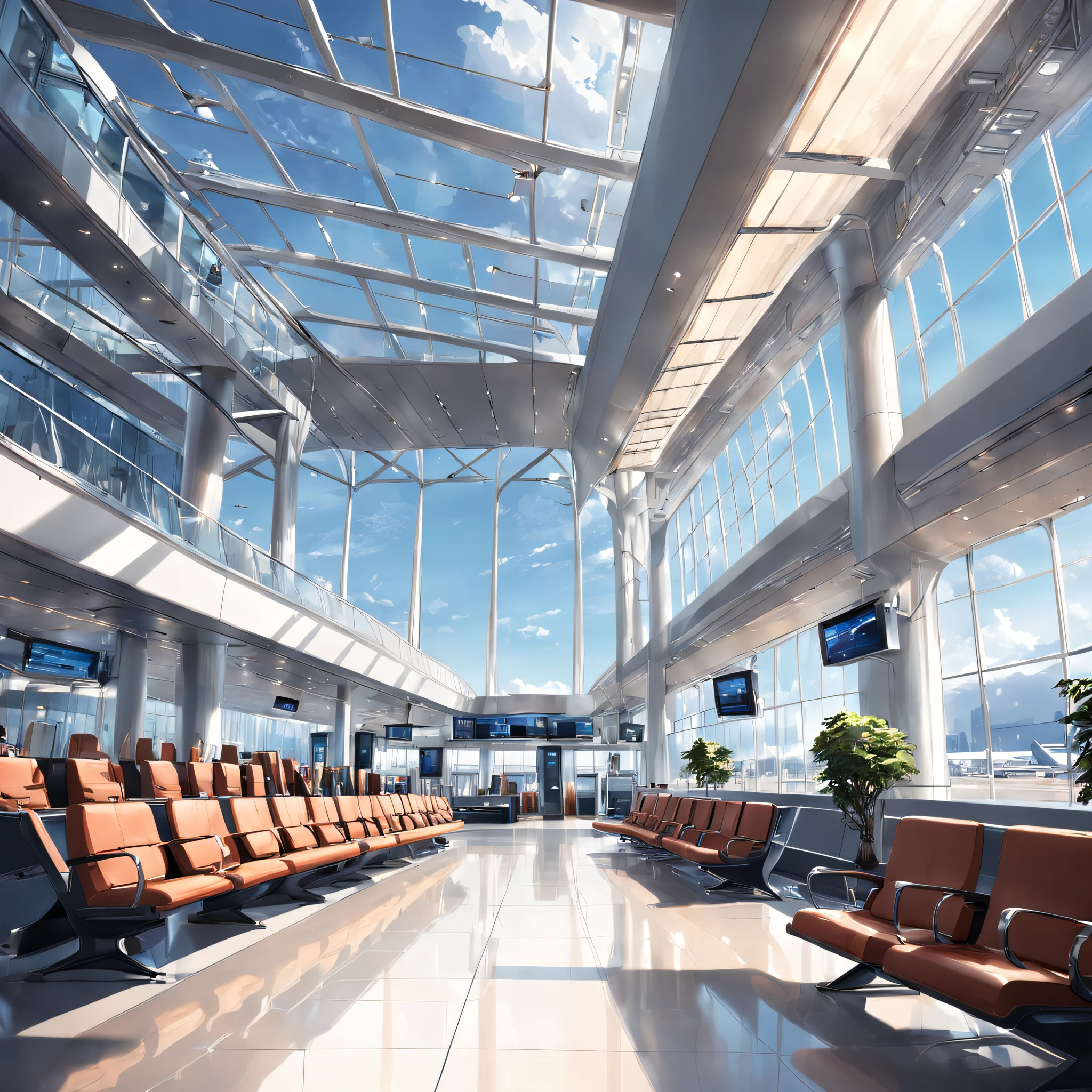 "Modern and stylish airport terminal with luxurious and comfortable seating, elegant lighting, sleek design, panoramic windows showcasing a beautiful view of the runway, bustling atmosphere, gate chairs, and a touch of sophistication."