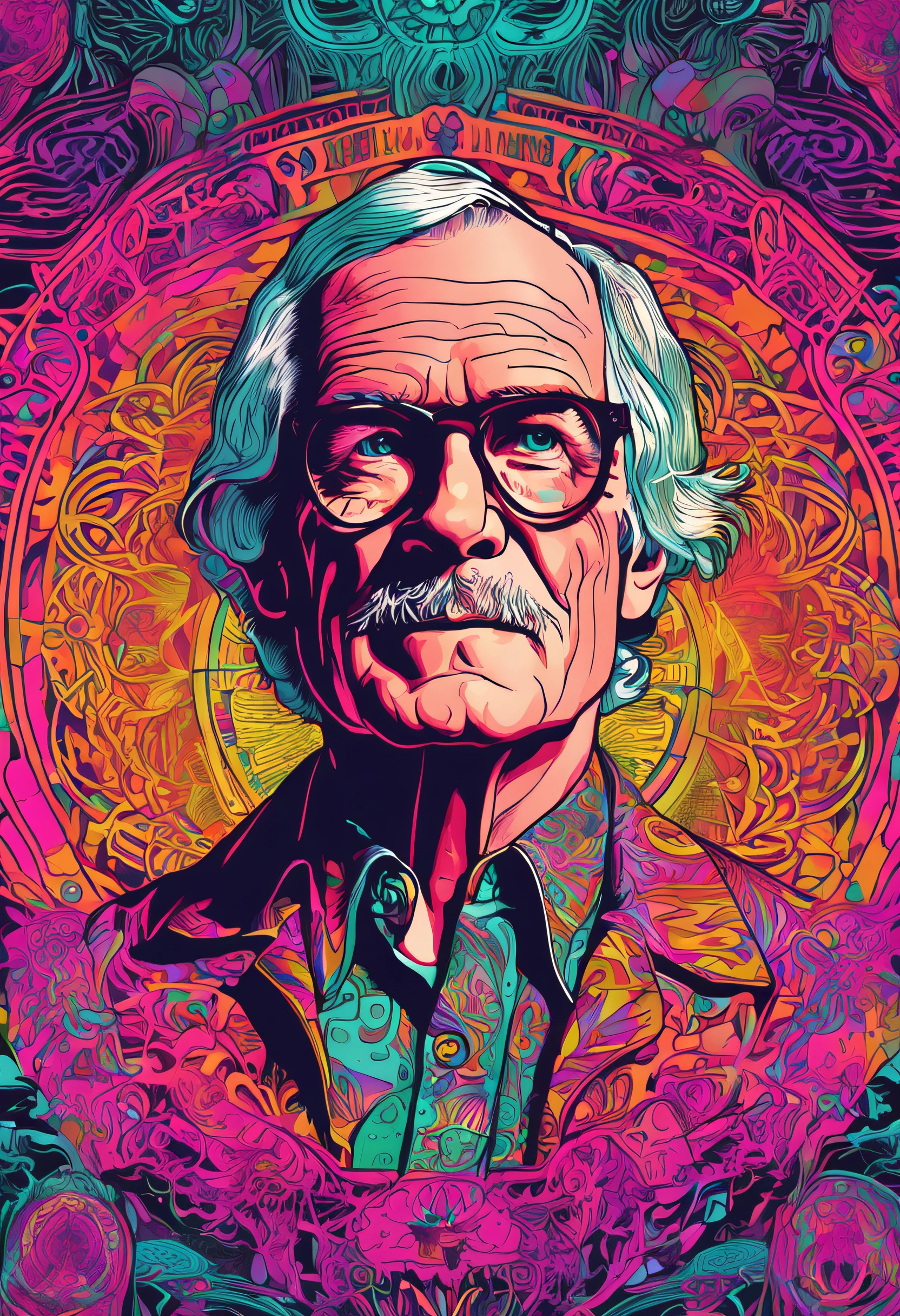 illustration of timothy leary with psychedelic neons and psychedelic mandalas