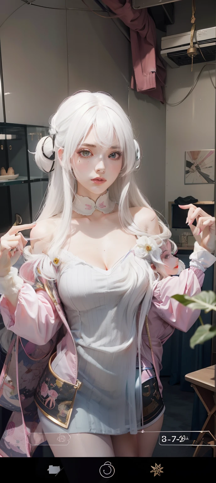 Close-up of a girl with white hair and a pink shirt, ses cheveux sont blancs, Anime girl cosplay, Anime girl in real life, Perfect white haired girl, anime-inspired, Anime cosplay, long white hair, anime vibes, Girl with white hair, belle delphine, Long white hair and bangs, Ruan cute vtuber ,Super big breasts,exposed