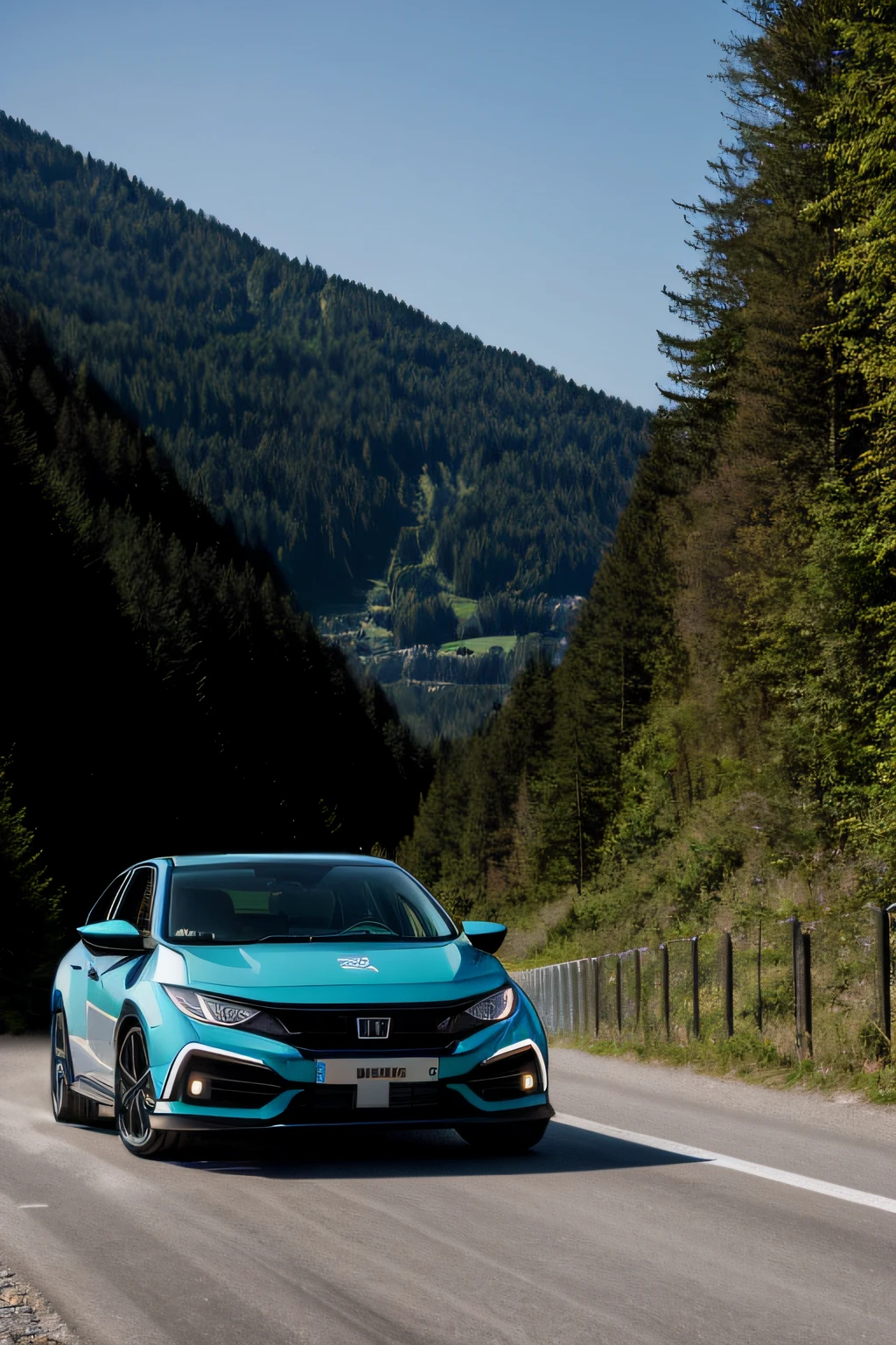civic sport plus, grau matt, cyberpunk getunt, leuchtet, driftet mit rauchenden Reifen, Rennstrecke am Schwarzwald,