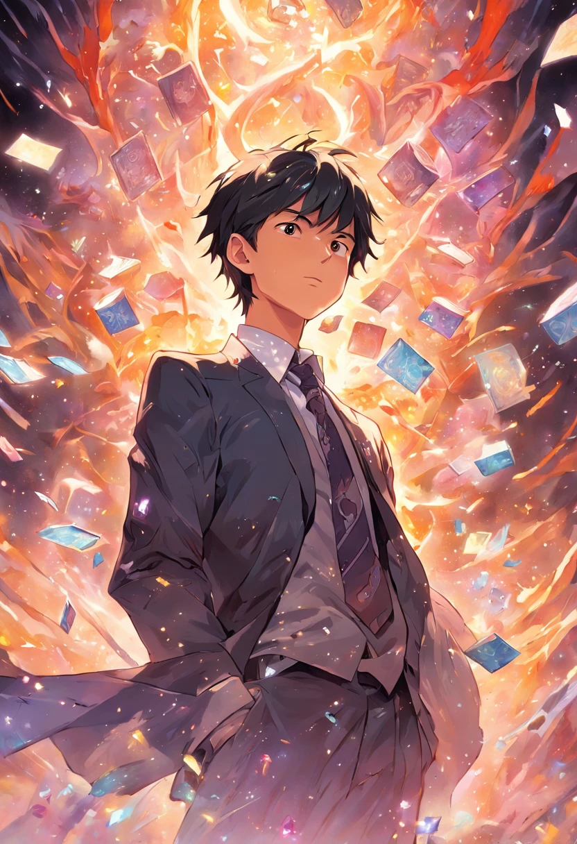 A detailed painting depicting a handsome, mature 30 year Asian man in a suit surrounded by a flurry of glowing Magic The Gathering cards and the book Dungeons and Dragons in the center.