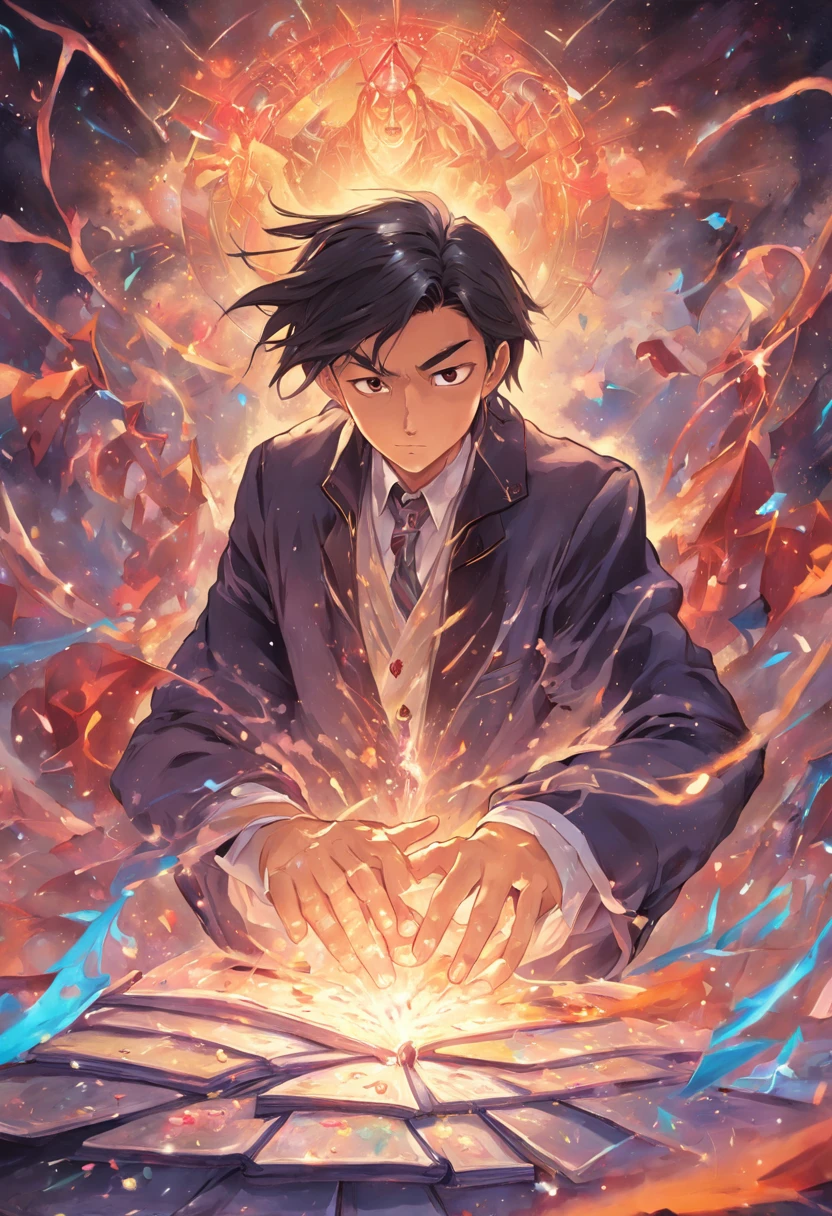 A detailed painting depicting a handsome, mature 30 year Asian man in a suit surrounded by a flurry of glowing Magic The Gathering cards and the book Dungeons and Dragons in the center.