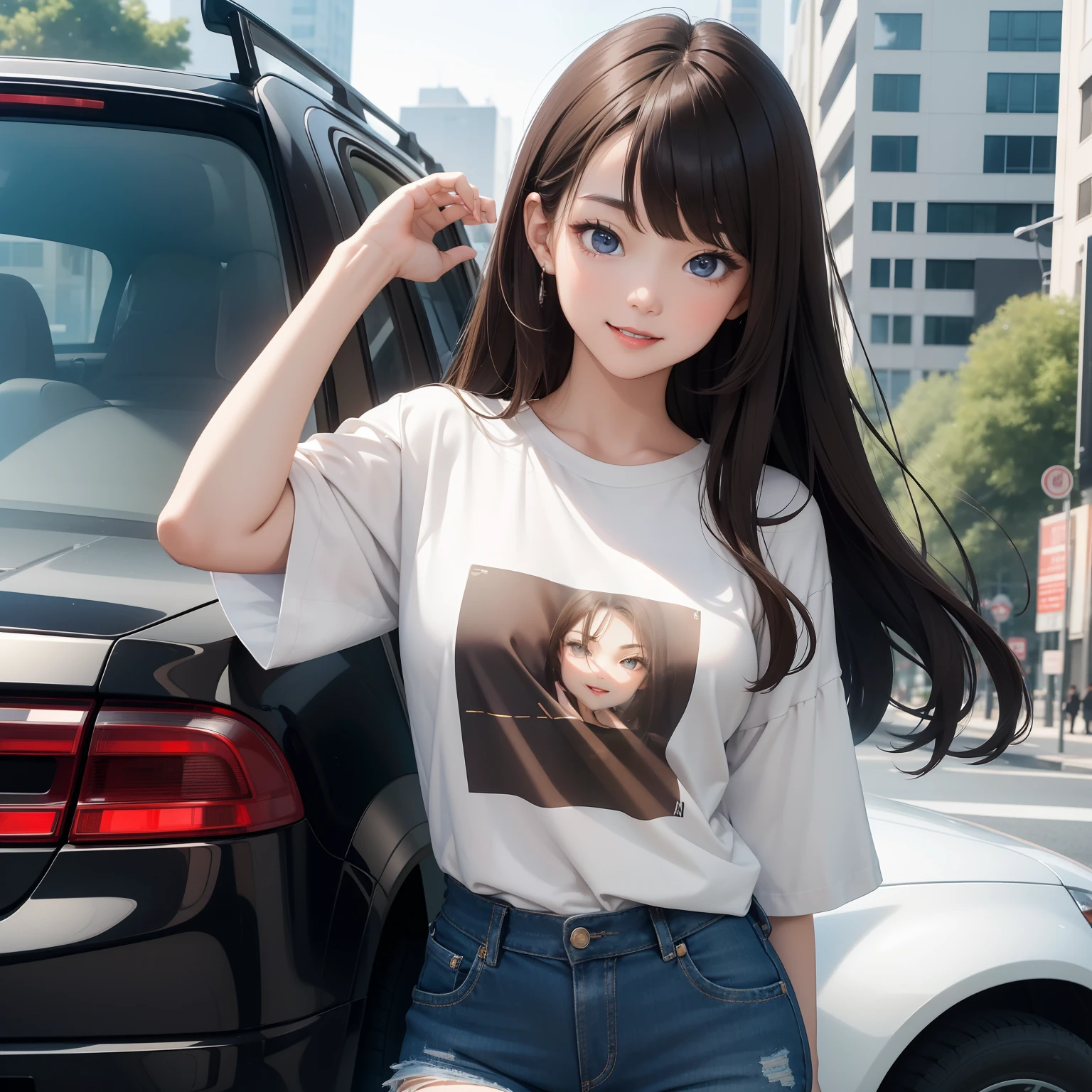 (masterpiece), best quality, expressive eyes, perfect face, young adult woman, Asian, brown eyes, long wavey brown hair, black half-sleeved t-shirt, small-sized breast, slim waist, blue jeans shorts, red lips, 1girl, car, absurd res, high res, ultrasharp, 8K, looking at the viewer, smile