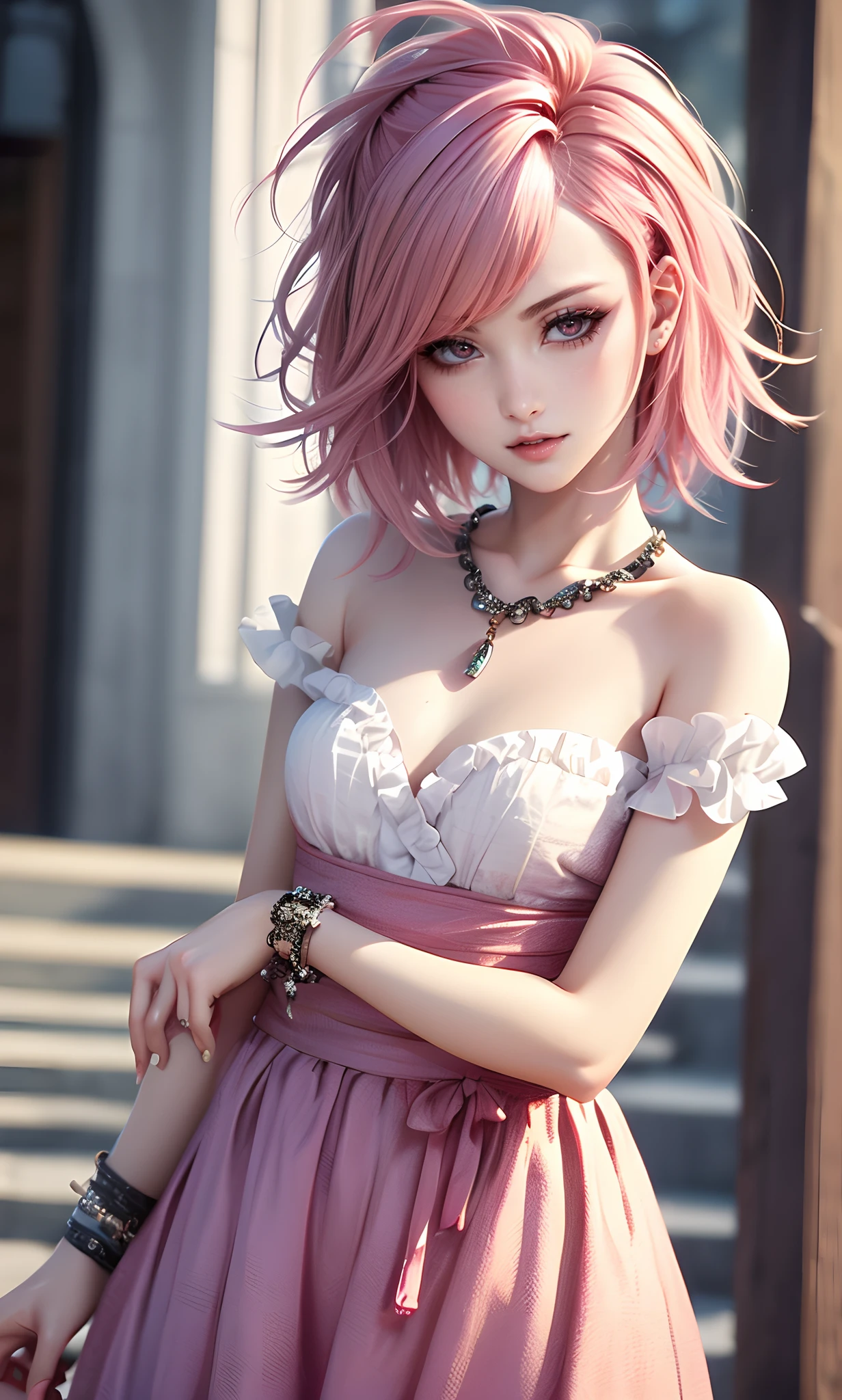 masterpiece, top-quality, ((1womanl)), Adults, different color, finely eye and detailed face, intricate detailes, Casual clothing, window, A smile, Happiness, tenderness, high-level image quality、 selfee, Beautuful Women、tall、a small face, The upper part of the body、nightfall, nighttime scene、𝓡𝓸𝓶𝓪𝓷𝓽𝓲𝓬、Korea person, Idol Photos, Model photo, k pop, Professional Photos, Vampires, Korean fashion in black and white, Fedoman with necklace, inspired by Sim Sa-jeong, androgynous vampire, :9 detailed face: 8, extra detailed face, detailed punk hair, ((eyes are brown)) baggy eyes, Seductive. Highly detailed, semi realistic anime, Vampires, hyperrealistic , Delicate androgynous princess, imvu, ((short hair woman)), Pink hair woman with wild look, ((Woman with short pink hair)), ((1 persons))
