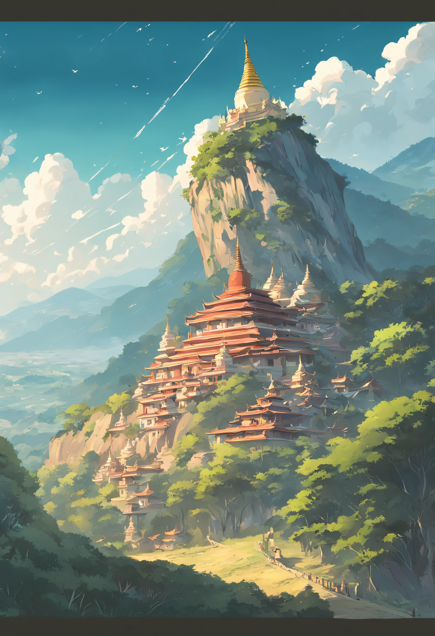 landscape of Myanmar, white pagoda and monastery on the hill, intricate image