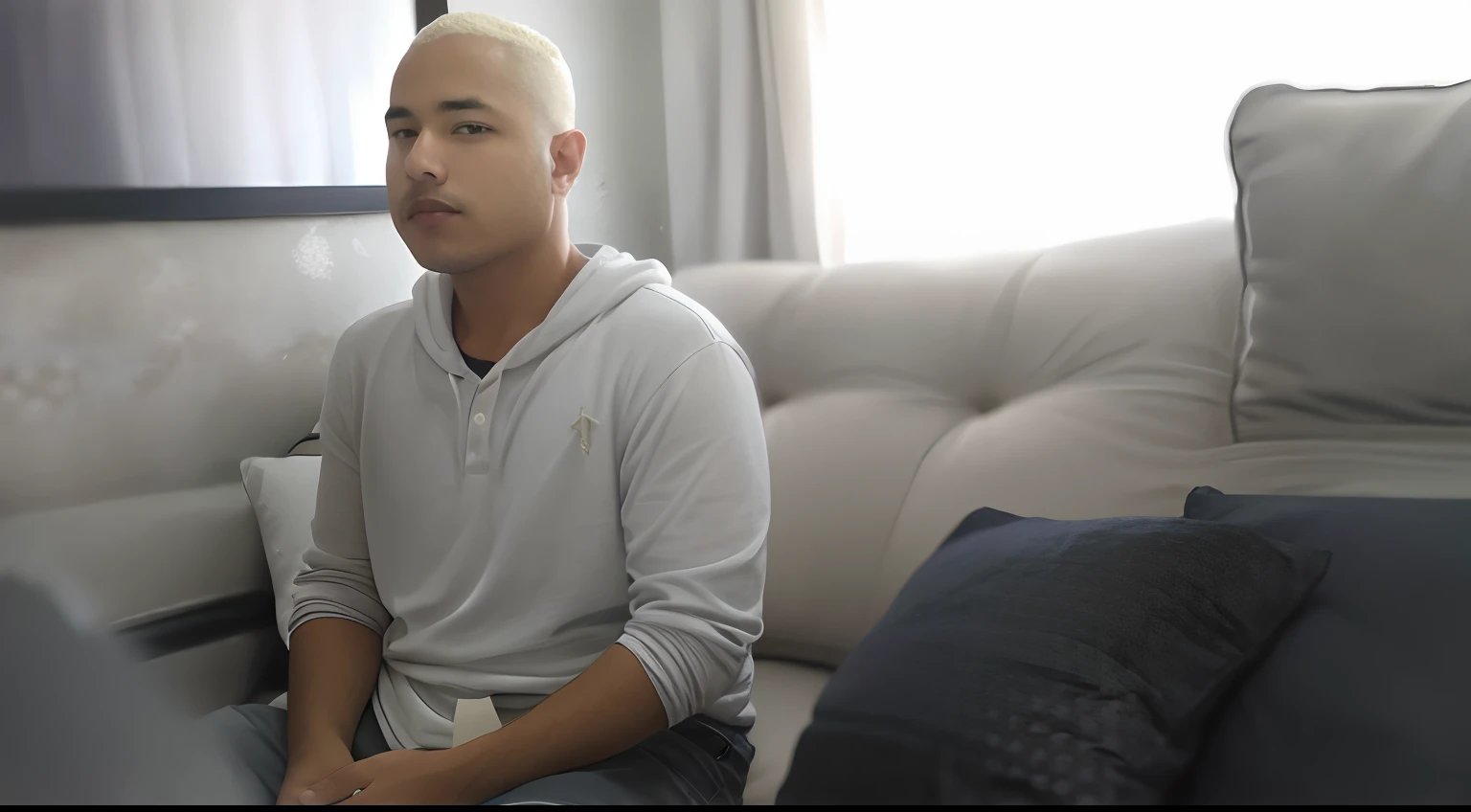 There's a man sitting on a couch , foto retrato suave 8 mil, Retrato tirado 8 K,, cinematic full shot, sentado no quarto, homem loiro, natural lighting. 8 mil, olhando para a sua esquerda, luz suave.4k, cara loiro, ele tem cerca de 30 anos de idade
