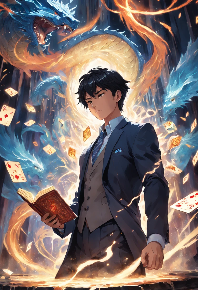 A detailed painting depicting a handsome, mature Asian man in a suit surrounded by a flurry of glowing Magic The Gathering cards and the book Dungeons and Dragons in the center.