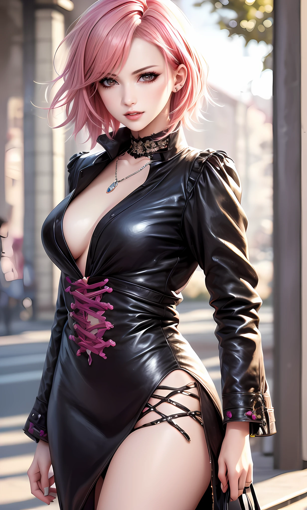 ​masterpiece, top-quality, ((1womanl)), Adults, different color, finely eye and detailed face, intricate detailes, Casual clothing, window, A smile, Happiness, tenderness, high-level image quality、 selfee, Beautuful Women、tall、a small face, The upper part of the body、nightfall, nighttime scene、𝓡𝓸𝓶𝓪𝓷𝓽𝓲𝓬、Korea person, Idol Photos, Model photo, k pop, Professional Photos, Vampires, Korean fashion in black and white, Fedoman with necklace, inspired by Sim Sa-jeong, androgynous vampire, :9 detailed face: 8, extra detailed face, detailed punk hair, ((eyes are brown)) baggy eyes, Seductive. Highly detailed, semi realistic anime, Vampires, hyperrealistic teen, Delicate androgynous princess, imvu, ((short hair woman)), Pink hair woman with wild look, ((Woman with short pink hair)), ((1 persons))