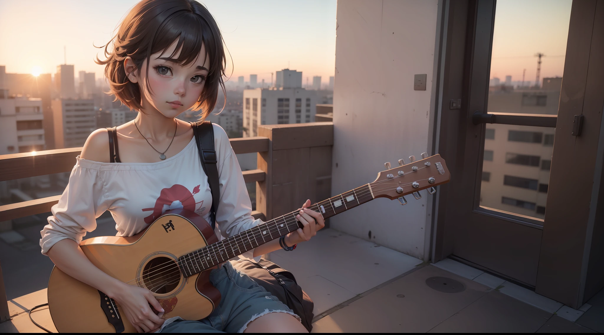 Anime girl sitting on a ledge playing a guitar at sunset, Anime Art Wallpaper 8K, Anime Art Wallpaper 4K, Anime Art Wallpaper 4K, estilo anime 4K, Papel de parede anime 4k, Anime Wallpaper 4k, 4k anime wallpapers, 4 k manga wallpaper, Makoto Shinkai Cirilo Rolando, the girl plays the guitar, lofi
