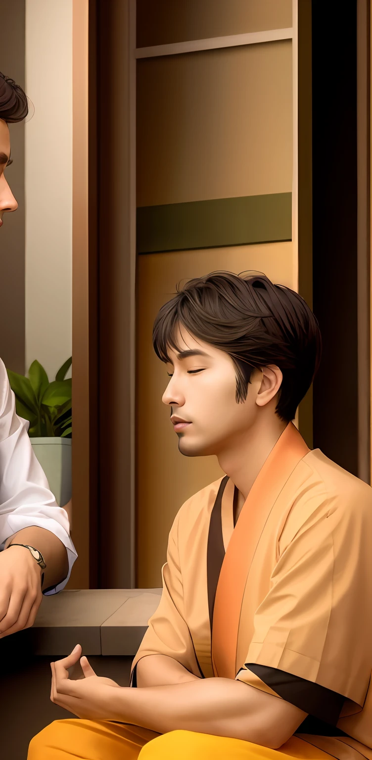 "Two men peacefully meditating and gazing directly into the camera."
