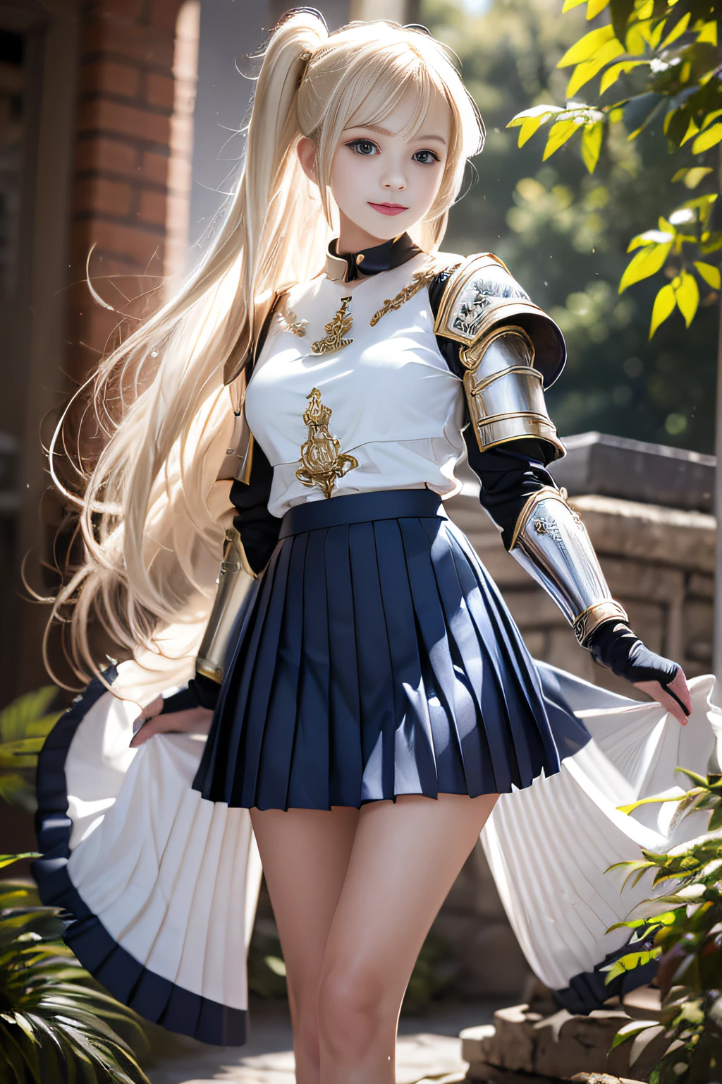 bright expression、poneyTail、Young shiny shiny white shiny skin、Best Looks、Blonde reflected light、Platinum blonde hair with dazzling highlights、shiny light hair,、Super long silky straight hair、Beautiful bangs that shine、Glowing crystal clear attractive big blue eyes、Very beautiful nice cute 16 year old girl、Lush bust,Beautiful detailed eyes, beautiful detailed nose,(( Full body:1.25)),Makeup that the eyes emphasize、((Pleated skirt with many folds)),(Women like Joan of Arc)、s Armor、Knights, With a sword and shield，Royal style，Comic style, , Sub-surface scattering, ornate detail, nature backdrop, Hyper-realistic, Cinematic, Dramatic Lighting, masutepiece