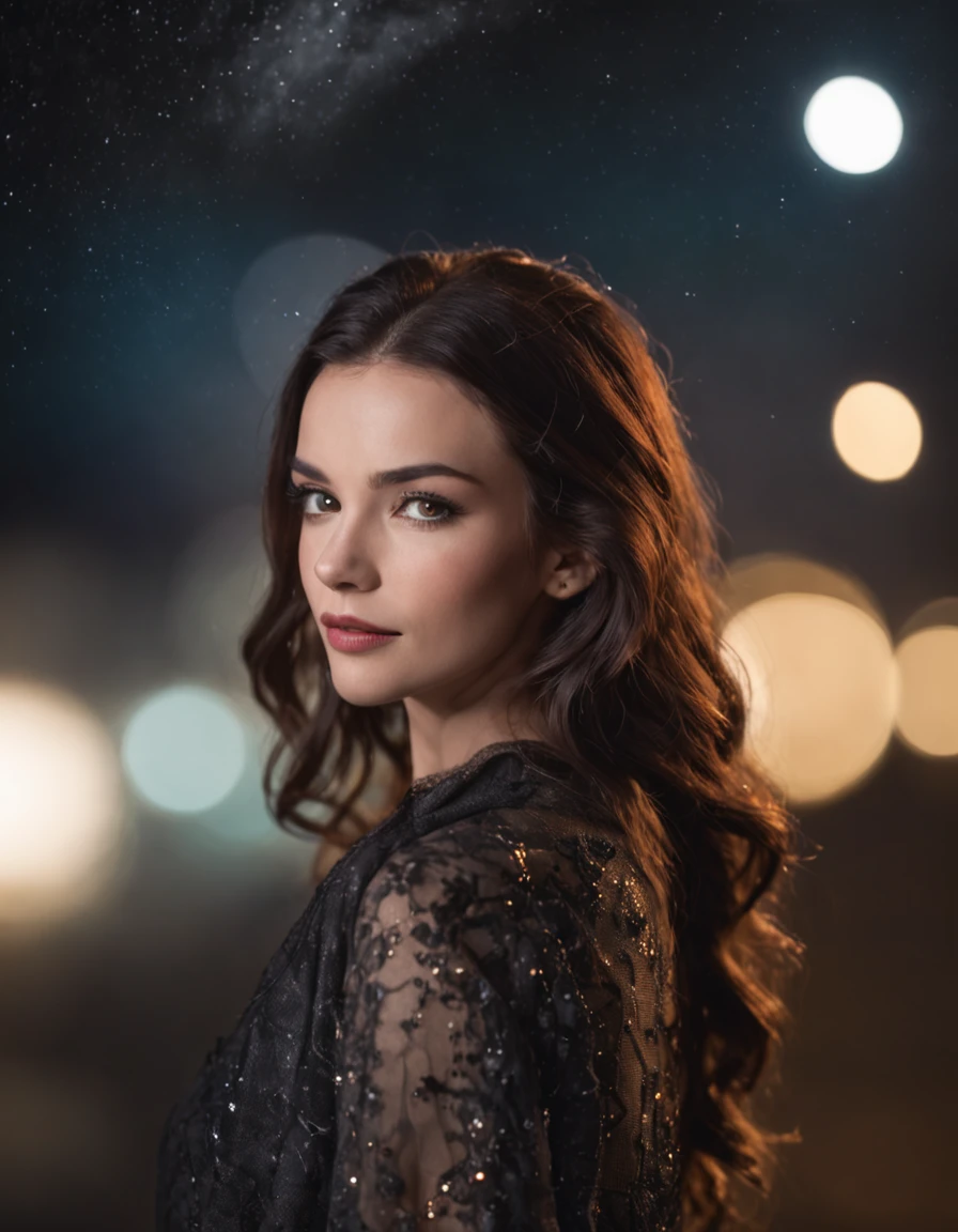 Bold graphic illustration, Amy Jackson, dark lights, nightmare, stary night, splash arts, bokeh, photo, 8k, shot on camera Canon 1DX, 50 mm f/2.8 lens, raw