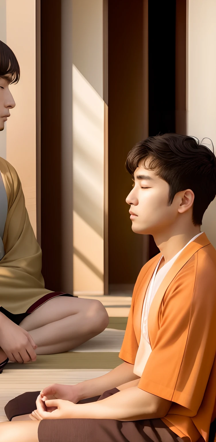 "Two men peacefully meditating and gazing directly into the camera."