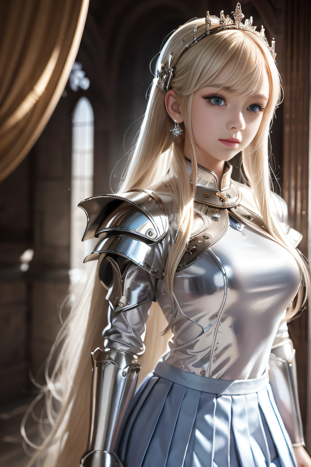 bright expression、poneyTail、Young shiny shiny white shiny skin、Best Looks、Blonde reflected light、Platinum blonde hair with dazzling highlights、shiny light hair,、Super long silky straight hair、Beautiful bangs that shine、Glowing crystal clear attractive big blue eyes、Very beautiful nice cute 16 year old girl、Lush bust,Beautiful detailed eyes, beautiful detailed nose,(( Full body:1.25)),Makeup that the eyes emphasize、((Pleated skirt with many folds)),(Women like Joan of Arc)、s Armor、Knights, With a sword and shield,Royal style,Comic style, , Sub-surface scattering, ornate detail, nature backdrop, Hyper-realistic, ((Cinematic)), Dramatic Lighting, masutepiece