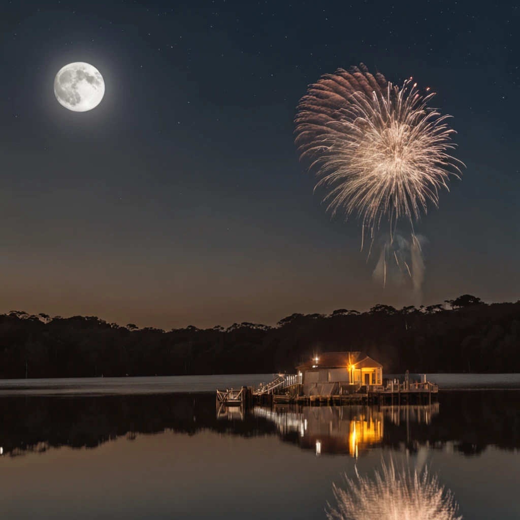 crie um amendoim pescando e com fogos de artificio ao fundo, But with the moon splitting in half because of Jupter