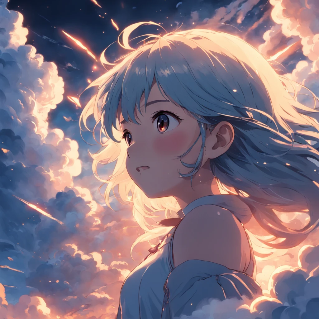 masterpiece, best quality, movie still, 1girl, cloud girl, floating in the sky, close-up, bright, happy, warm soft lighting, sunset, (sparks:0.7)
