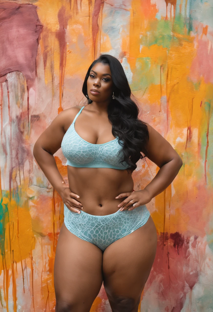 Araffe woman in a bra top and transparent panties taking a selfie, thicc, ela tem uma barriga redonda gorda e agitada, corpo grande, cintura magra e quadris grossos, 18 anos, 21 anos, body curvy, angelawhite, 2 2 anos, corpo e rosto bonitos, curvy model, beautiful thick female, grosso