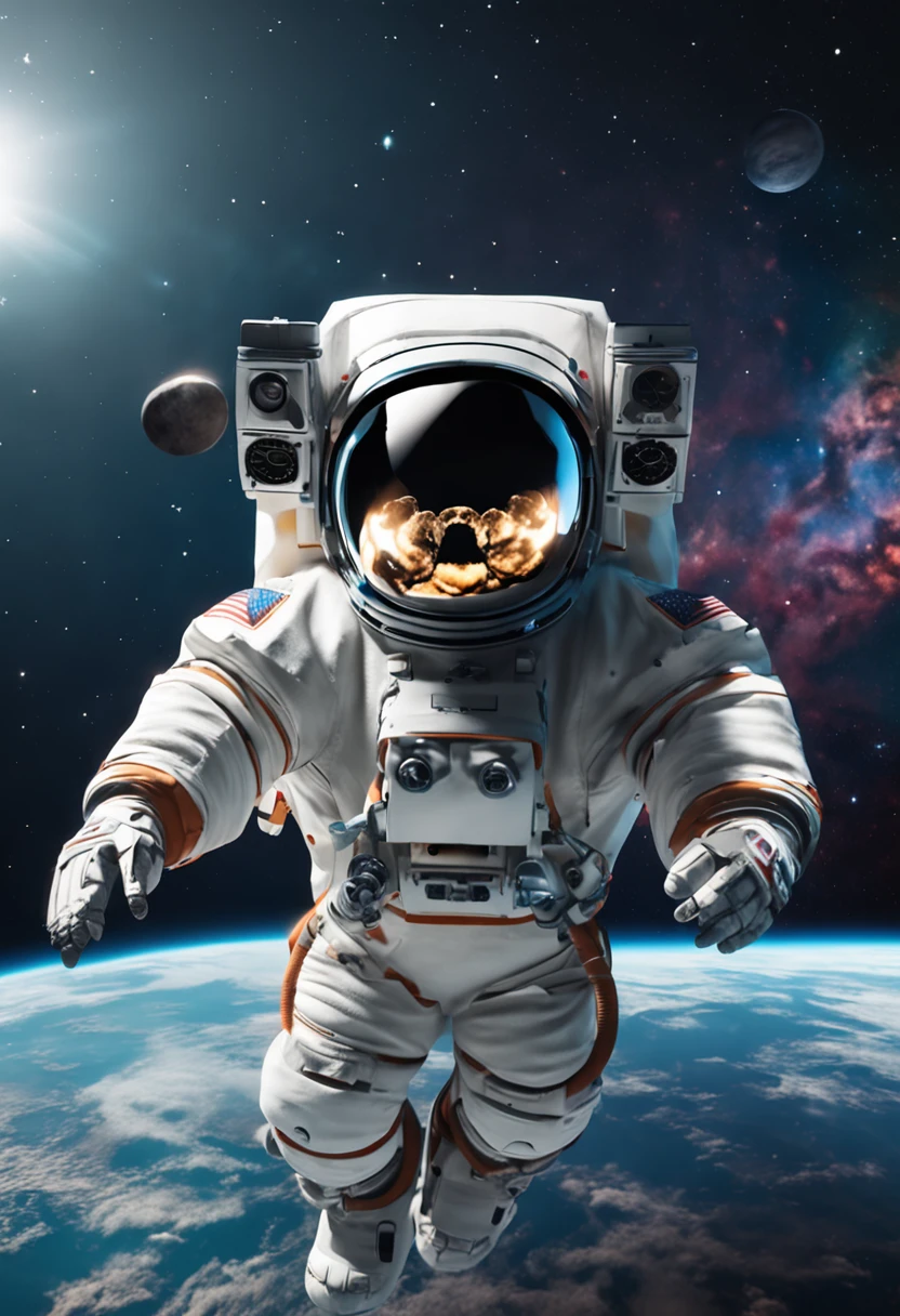 Create an image of a happy astronaut koala in space, com traje de astronauta e um foguete ao fundo, sendo uma imagem em 3d