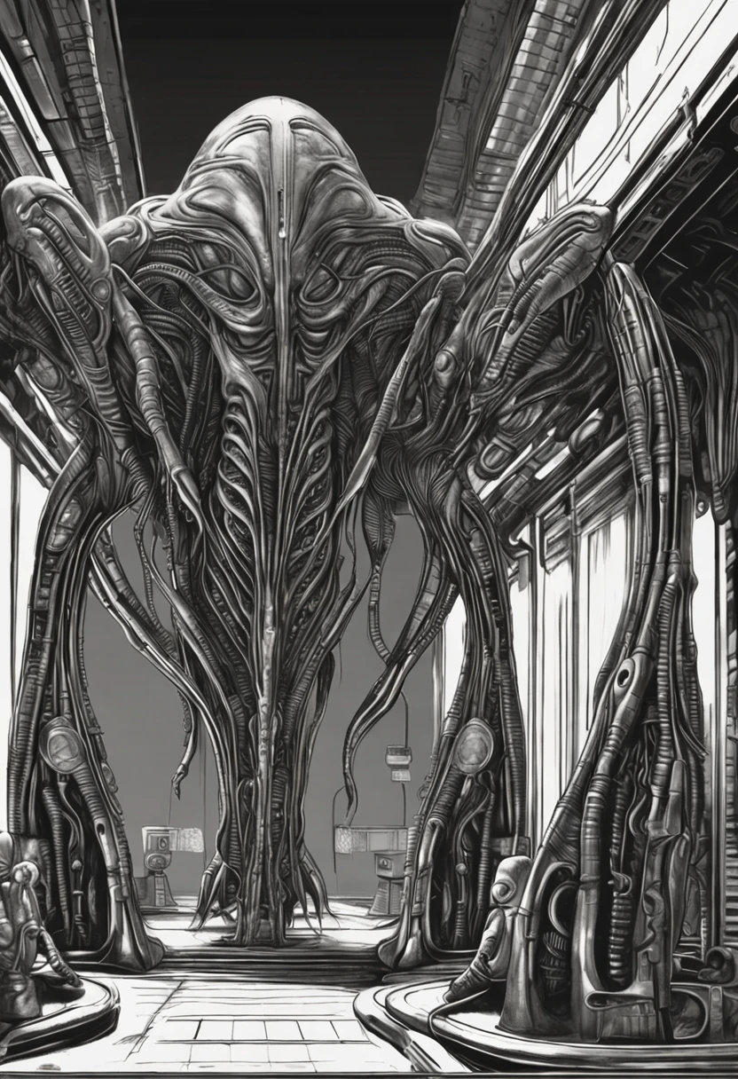 "Realistic perfect human style in an alien scene in HR Giger style."