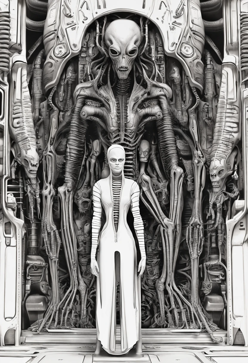 "Realistic perfect human style in an alien scene in HR Giger style."