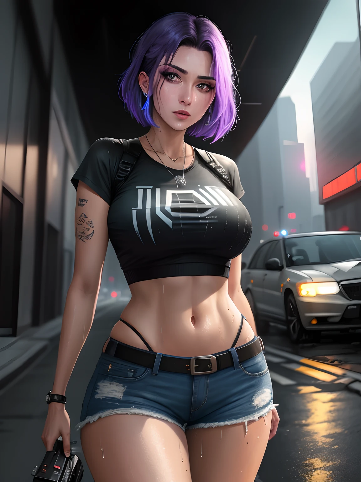Mulher bonita com cabelo ondulado, olhos sedutores detalhados, coxa lacuna, pernas longas e sexy. seios grandes, com uma pequena camiseta shorts em um belo cyberpunk futurista+ cidade, mistborn, Wet, Chovendo, Melhor qualidade de obra-prima, fotorrealista, circunstanciado, 8k, HDR, profundidade de campo rasa, luz ampla, alto contraste, luz de fundo, florescer, flashes de luz, chromatic aberration, foco nítido, Foto colorida RAW