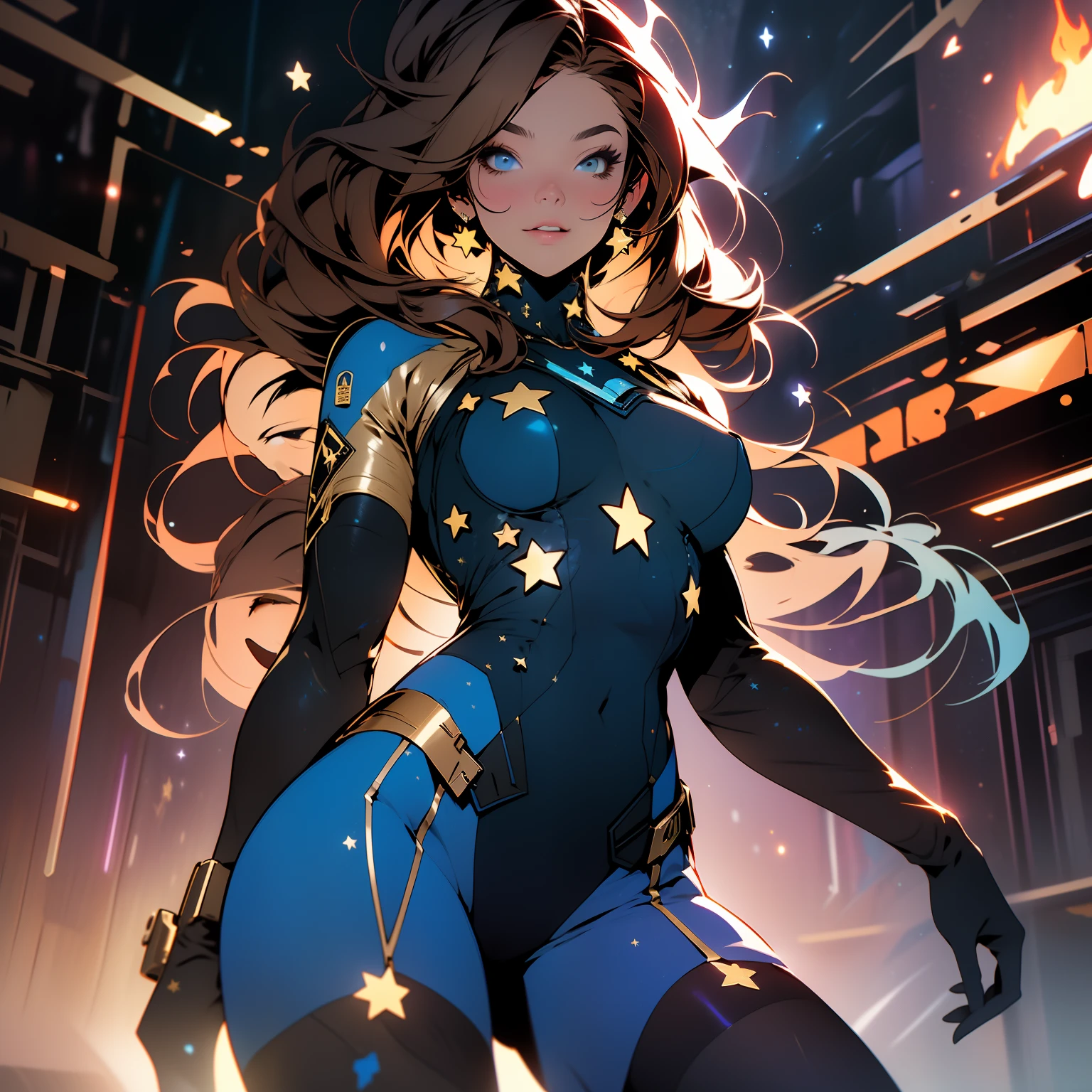 ((Best quality)), ((masterpiece)), (detailed: 1.4), (Absurd), Gynoid, (((action pose))), glowing skin, perfect body, defined muscles, half-thick bare thighs, closed mouth, only in panties, (((include stars all over the outfit))), muscular body covered by very dark blue and gold clothing, with nebula effect, Genesis evangelion style, cyberpunk, generous neckline, ((perfect medium breasts)), (well-outlined eyes without pupils), ((long and very black eyelashes)), (((dark blue clothing with gold stars))), (((brown hair with locks))), (((rot rod flames covering the breasts)))), (Cosmic tattoo on the arms), short underwear, garter belt, by mucha, niji --V5, close to real, psychopathic, crazy face, sexy pose, 2 piece clothing, pastel, centered, scale to fit the dimensions, HDR (High Dynamic Range), Ray Tracing,NVIDIA RTX,Super-Resolution,Unreal 5,Subsurface Dispersion, PBR Texture, Post-processing, Anisotropic Filtering, Depth of field, Maximum clarity and sharpness, Multilayer textures, Albedo and specular maps, Surface shading, Accurate simulation of light-material interaction, Perfect proportions, Octane Render, Two-tone lighting, Wide aperture, Low ISO, White balance, Rule of thirds, 8K RAW