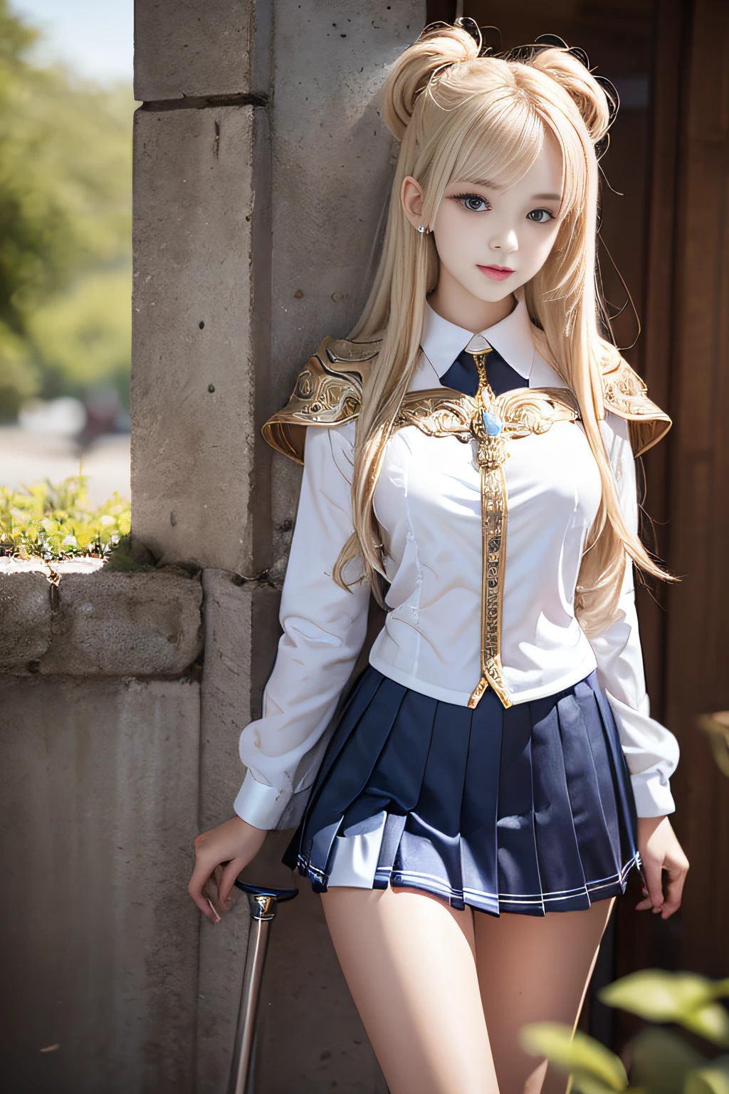 bright expression、poneyTail、Young shiny shiny white shiny skin、Best Looks、Blonde reflected light、Platinum blonde hair with dazzling highlights、shiny light hair,、Super long silky straight hair、Beautiful bangs that shine、Glowing crystal clear attractive big blue eyes、Very beautiful nice cute 16 year old girl、Lush bust,Beautiful detailed eyes, beautiful detailed nose,(( Full body:1.25)),Makeup that the eyes emphasize、((Pleated skirt with many folds)),(Women like Joan of Arc)、s Armor、Knights, With a sword and shield，Royal style，Comic style, , Sub-surface scattering, ornate detail, nature backdrop, Hyper-realistic, Cinematic, Dramatic Lighting, masutepiece