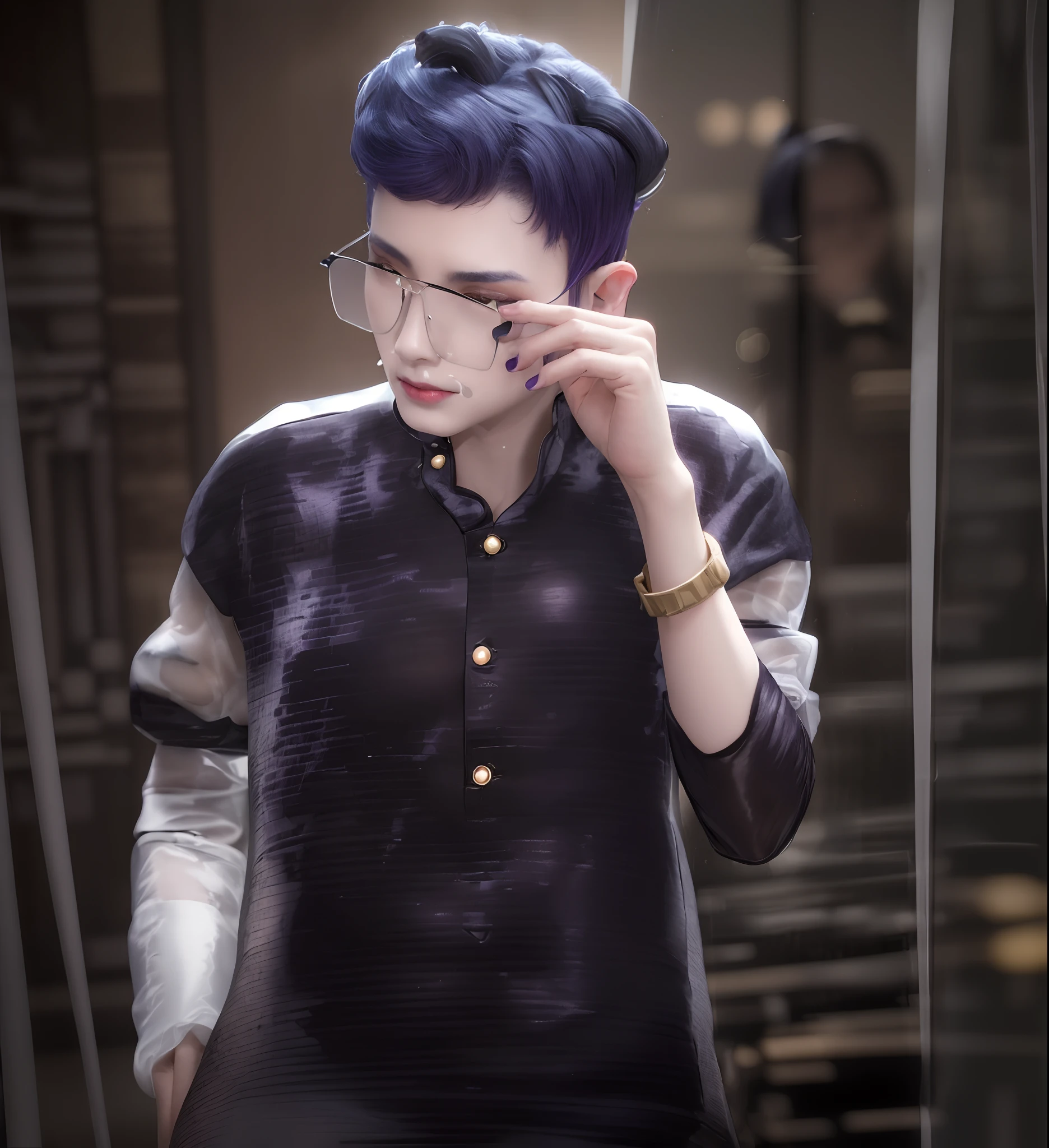 masterpiece, (photorealistic:1.5), best quality, beautiful lighting, real life,
ganyu \(genshin impact\), 1 boy, ahoge, architecture, bangs, bare shoulders, bell, black gloves, black pantyhose, (blue hair), blush, breasts, chinese knot, detached sleeves, east asian architecture, flower knot, gloves, horns, long hair, looking at viewer, medium breasts, neck bell, night, outdoors, pantyhose, purple eyes, sidelocks, solo, tassel, white sleeves, (ulzzang-6500:0.5)
, intricate, high detail, sharp focus, dramatic, beautiful girl , (RAW photo, 8k uhd, film grain), caustics, subsurface scattering, reflections