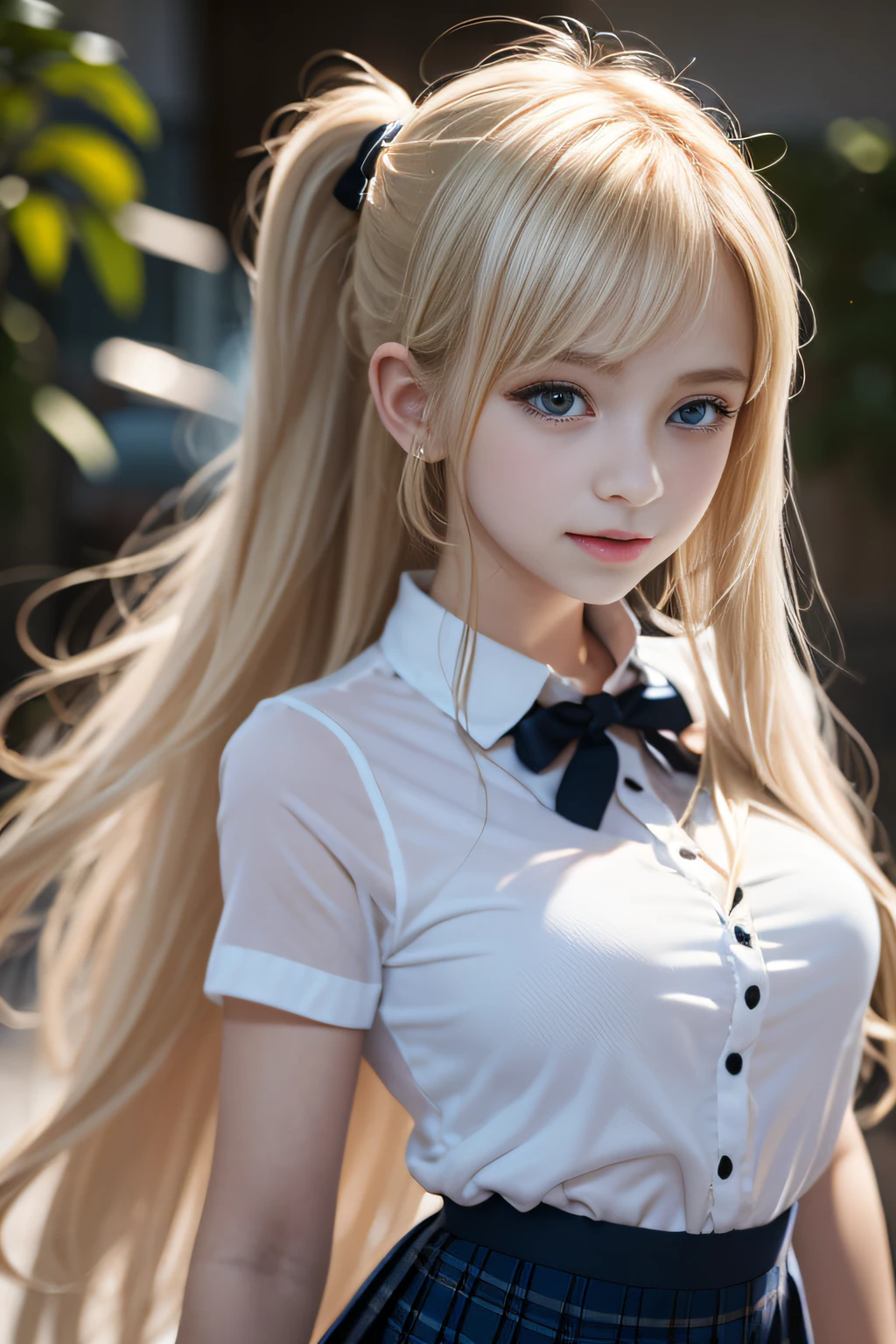 bright expression、poneyTail、Young shiny shiny white shiny skin、Best Looks、Blonde reflected light、Platinum blonde hair with dazzling highlights、shiny light hair,、Super long silky straight hair、Beautiful bangs that shine、Glowing crystal clear attractive big blue eyes、Very beautiful nice cute girl、Lush bust,Beautiful detailed eyes, beautiful detailed nose,(( Full body:1.25)),Makeup that the eyes emphasize、((Pleated skirt with many folds)),(Women like Joan of Arc)、s Armor、Knights, With a sword and shield,Royal style,Comic style, , Sub-surface scattering, ornate detail, nature backdrop, Hyper-realistic, Cinematic, Dramatic Lighting, masutepiece