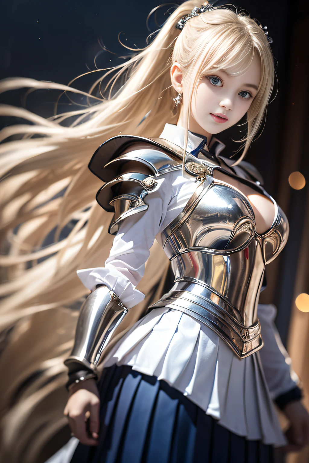 bright expression、poneyTail、Young shiny shiny white shiny skin、Best Looks、Blonde reflected light、Platinum blonde hair with dazzling highlights、shiny light hair,、Super long silky straight hair、Beautiful bangs that shine、Glowing crystal clear attractive big blue eyes、Very beautiful nice cute girl、Lush bust,Beautiful detailed eyes, beautiful detailed nose,(( Full body:1.25)),Makeup that the eyes emphasize、((Pleated skirt with many folds)),(Women like Joan of Arc)、s Armor、Knights, With a sword and shield,Royal style,Comic style, , Sub-surface scattering, ornate detail, nature backdrop, Hyper-realistic, Cinematic, Dramatic Lighting, masutepiece