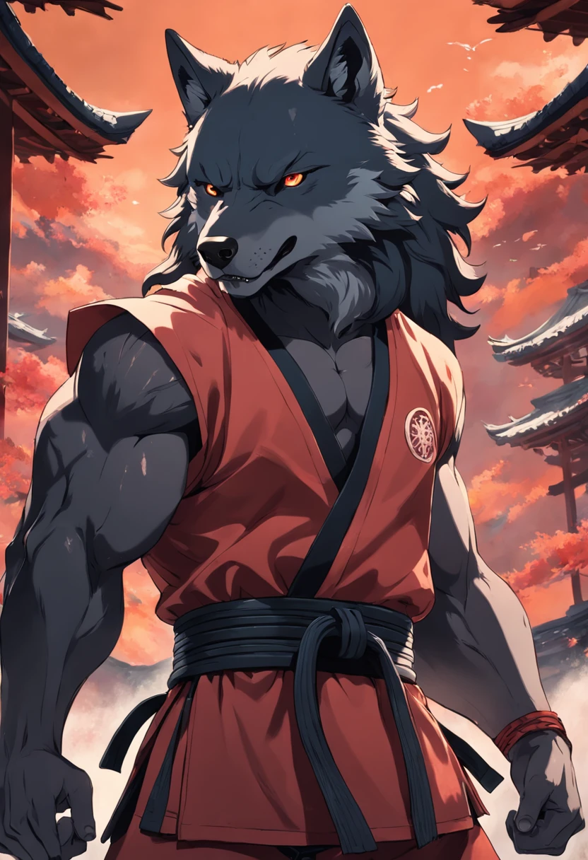 Martial arts black belt man with wolf features