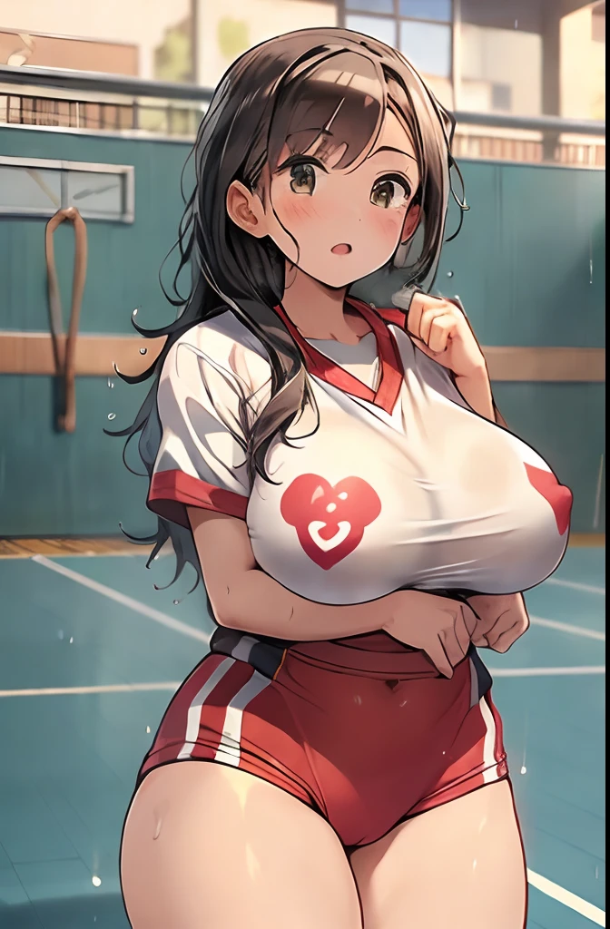 masutepiece,Best Quality,Detailed,Indoors,Gymnasium,NSFW,1girl in,Solo,Curve,Volleyball uniform,(sodden:1.5)、(ultra gigantic tits:1.3)、shaking boobs、