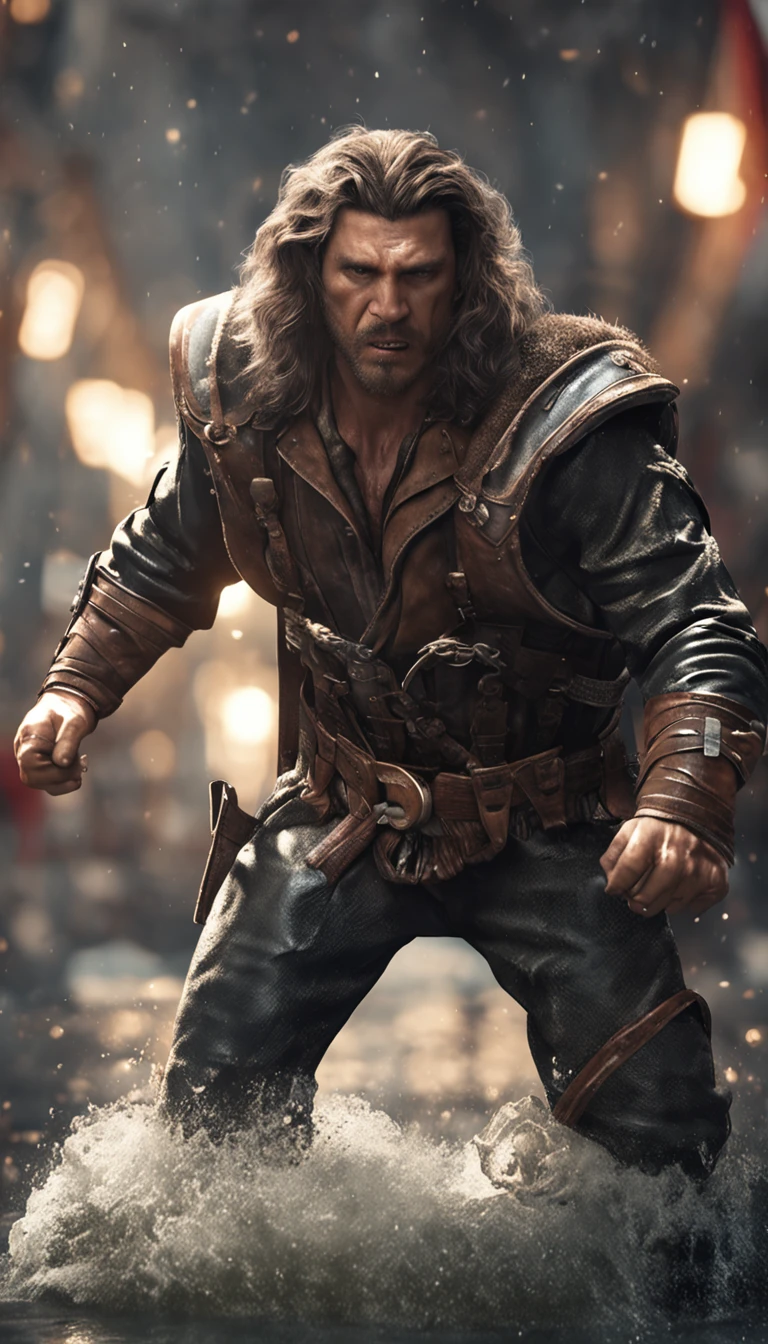 (Профессиональный 3D-рендер:1.3) de (Realistic:1.3) The most beautiful photo in the world,Features of soft and shiny male heroes, ((Epic fantasy hero, muscular man, rough wet hero, angry look, long hair, short beard and ferocious facial expression in a dynamic pose, Fantastic location, Majestic cluttered surroundings)), Рендеринг Full Body 8K Unity, action shot, pores skin, very dark lighting, Heavy shading, Detailed, Detailed Face, (Vibrants, The photo is realistic, Realistic, dramatic, Dark, sharp-focus, 8K), (Old leather clothes, weather-damaged:1.4), ((((Wear fur)))), (Intricate:1.4), decadent, (Highly detailed:1.4), Digital Painting, Octane rendering, Art Stations, ConceptArt, Smooth, sharp-focus, illustartion, The germ of art, (loish:0.23), Wlop Ilya Kuvshinov, and Greg Rutkowski and Alphonse Mucha Gracias, (Global Illumination, studio light, surround light), heavy rain, particles floating, rascal, Fantasy, elf, full bodyesbian, ((The dark and ancient background of the city:1.3)),CGSesociety,Art Stations