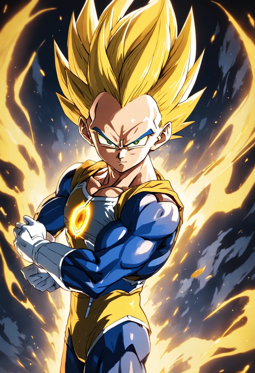 (a detailed illustration of Vegeta super saiajyn wrapped in a yellow energy, corpo inteiro, estilo de Akira Toriyama, alta qualidade, fundo detalhado, dynamic action, intense expression)