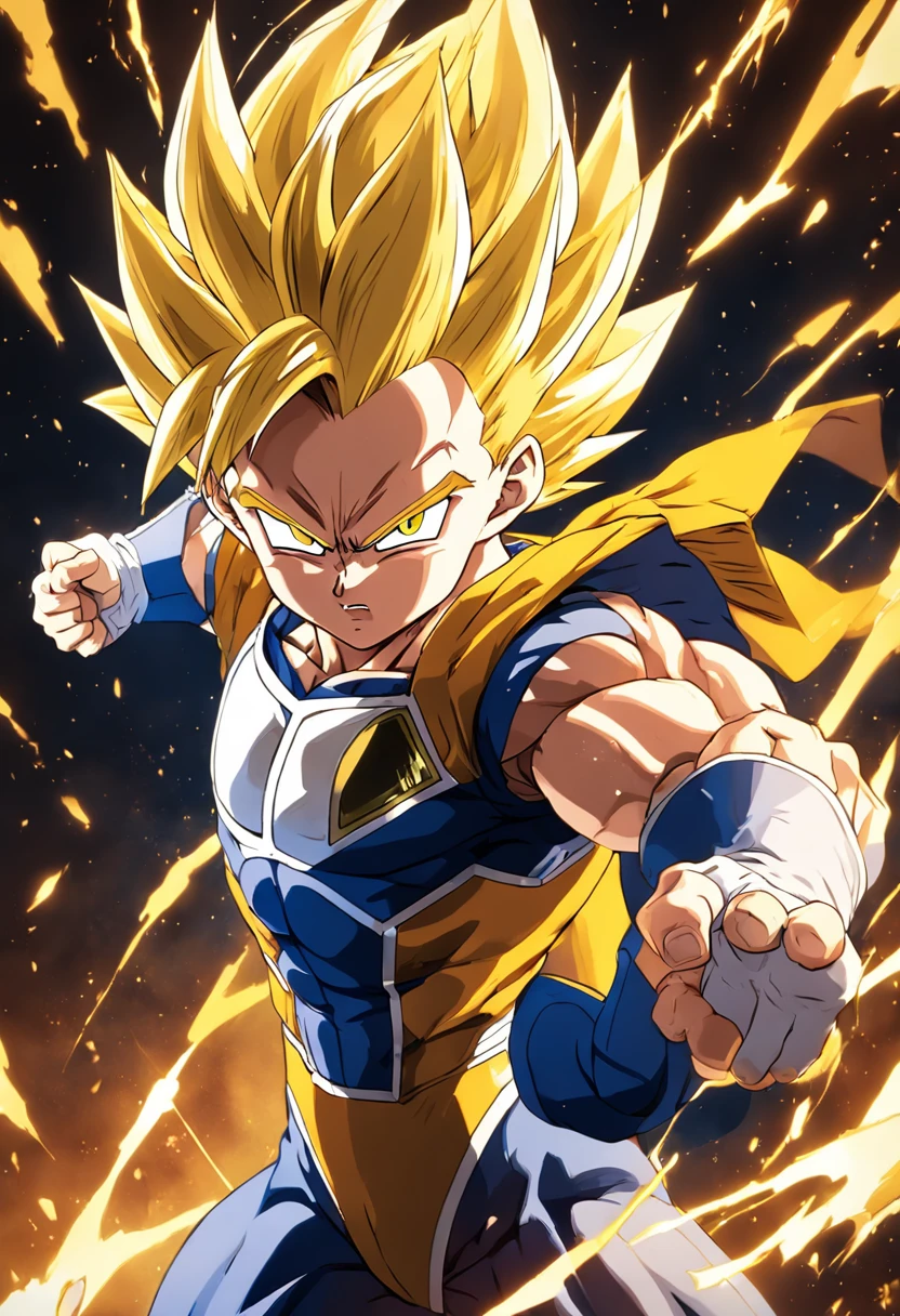 (a detailed illustration of Vegeta super saiajyn wrapped in a yellow energy, corpo inteiro, estilo de Akira Toriyama, alta qualidade, fundo detalhado, dynamic action, intense expression)