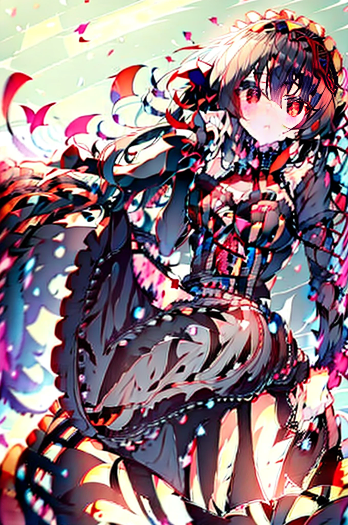 short detailed hair，Vampires，a beauty girl，Gothic  outfit，Super short lolirt，Over-the-knee stockings，High-heeled booties，Tiger Tooth，Black Bat Wings