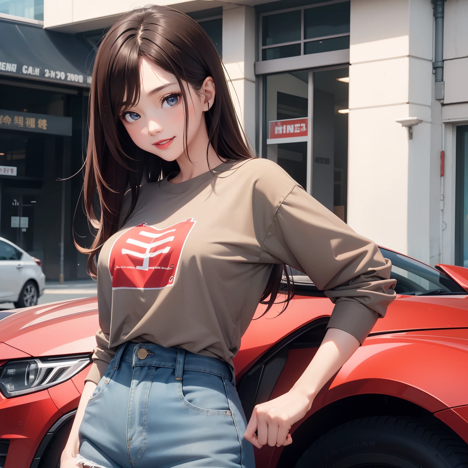 (masterpiece), best quality, expressive eyes, perfect face, young adult woman, Asian, brown eyes, long wavey brown hair, black half-sleeved t-shirt, small-sized breast, slim waist, blue jeans shorts, red lips, 1girl, car, absurd res, high res, ultrasharp, 8K, looking at the viewer, smile