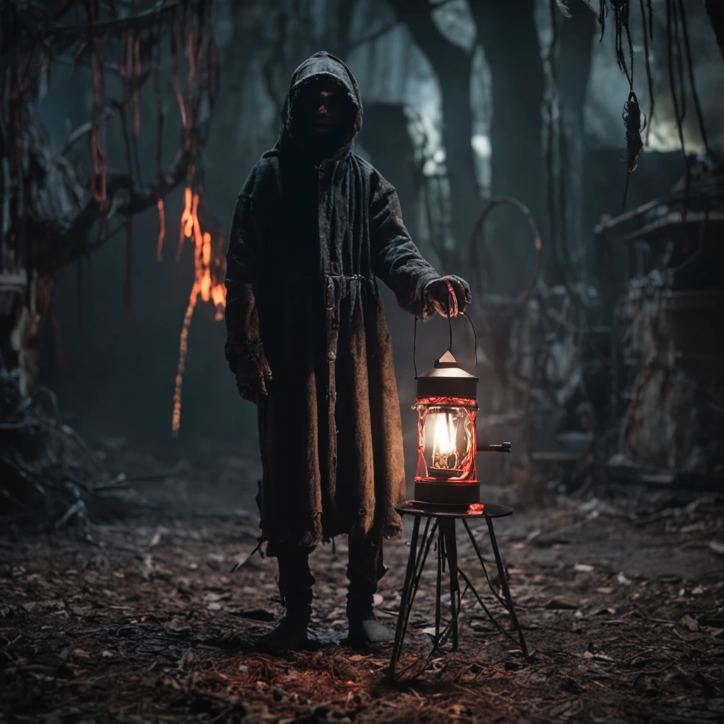 puppeteer holding the strings of a puppet with horror elements in a dark spooky location