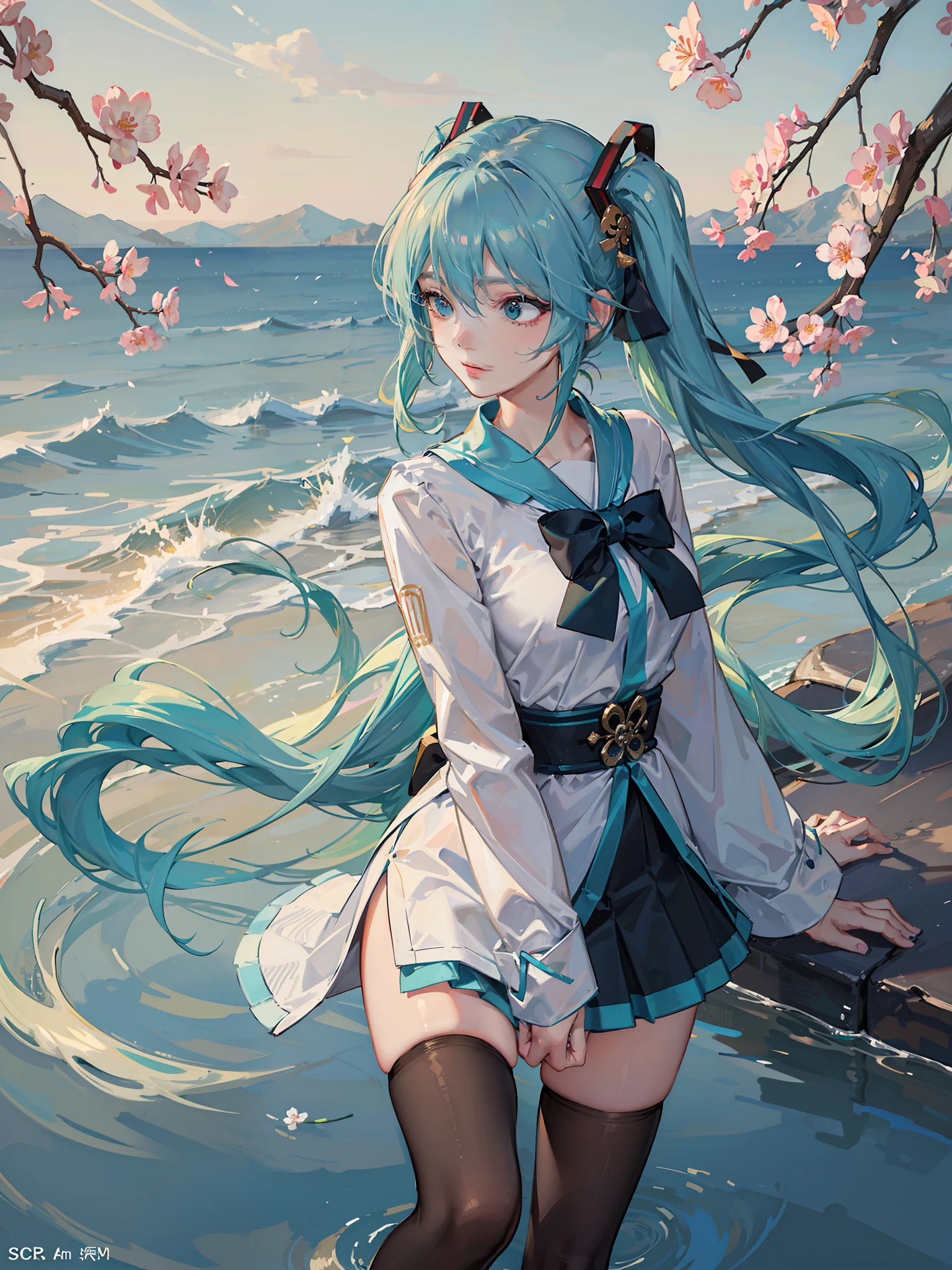 8k，Highest image quality，Big breasts Hatsune Miku，The color combination with a hint of chill is very close to the temperament of the original painting。The Hatsune hair on the plum blossom tree ripples like water waves，Very impressive，This artistic conception is somewhat similar to the "Aoxue Hanmei" in Chinese painting，It can be said that the painter combines Chinese rhyme with two-dimensional themes，Hatsune's turquoise hair is cold and has a bit of elegance，It echoes the snowy scenery on the base。A Chinese white dress embellished with a dark red bow ribbon，The details of the costume fit perfectly with the style of the whole picture，The placket stand collar with Chinese elements is delicate and beautiful，The gray-green plain clothes under the white coat are very attractive。