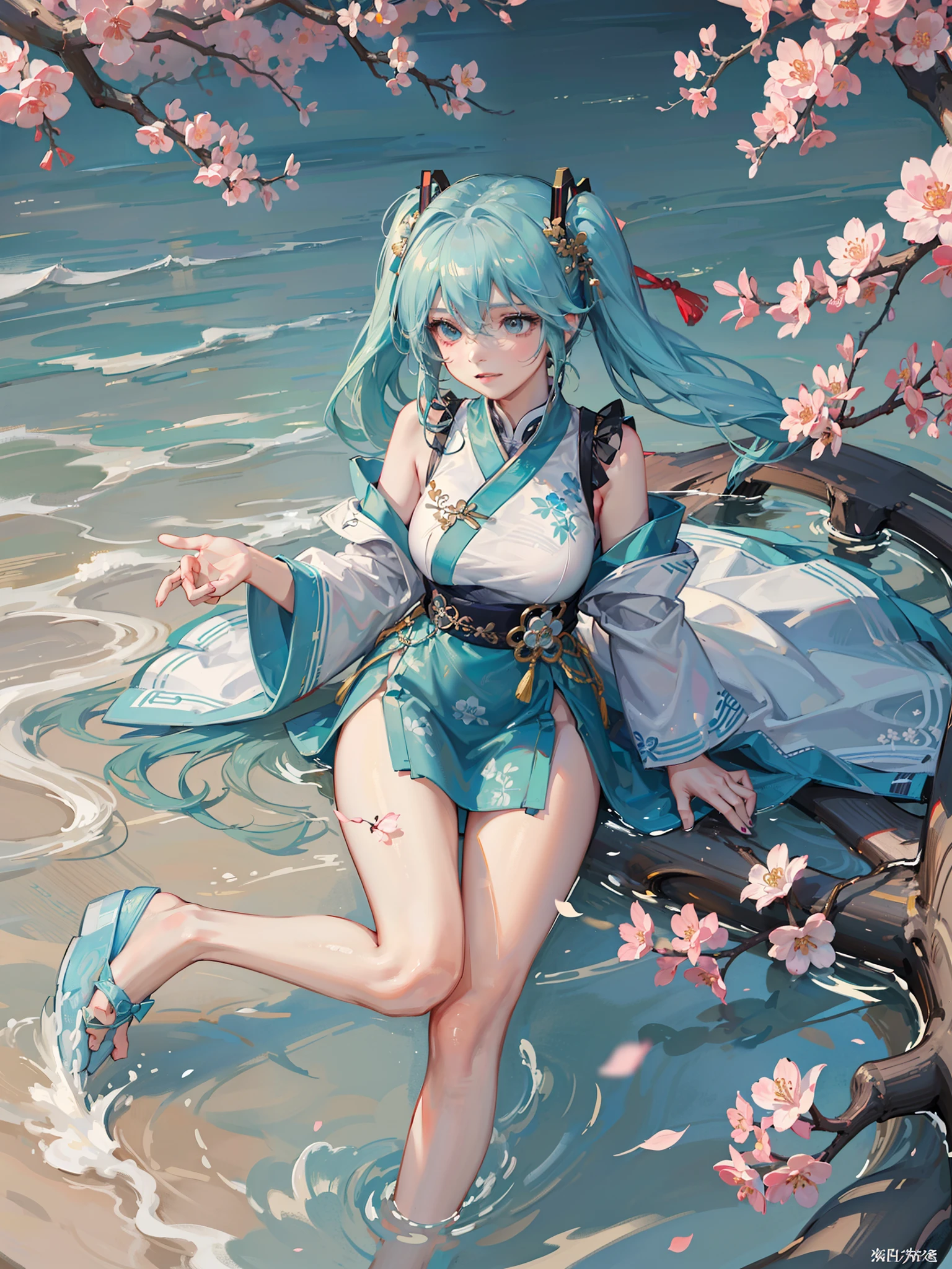 8k,Highest image quality,Big breasts Hatsune Miku,The color combination with a hint of chill is very close to the temperament of the original painting。The Hatsune hair on the plum blossom tree ripples like water waves,Very impressive,This artistic conception is somewhat similar to the "Aoxue Hanmei" in Chinese painting,It can be said that the painter combines Chinese rhyme with two-dimensional themes,Hatsune's turquoise hair is cold and has a bit of elegance,It echoes the snowy scenery on the base。A Chinese white dress embellished with a dark red bow ribbon,The details of the costume fit perfectly with the style of the whole picture,The placket stand collar with Chinese elements is delicate and beautiful,The gray-green plain clothes under the white coat are very attractive。
