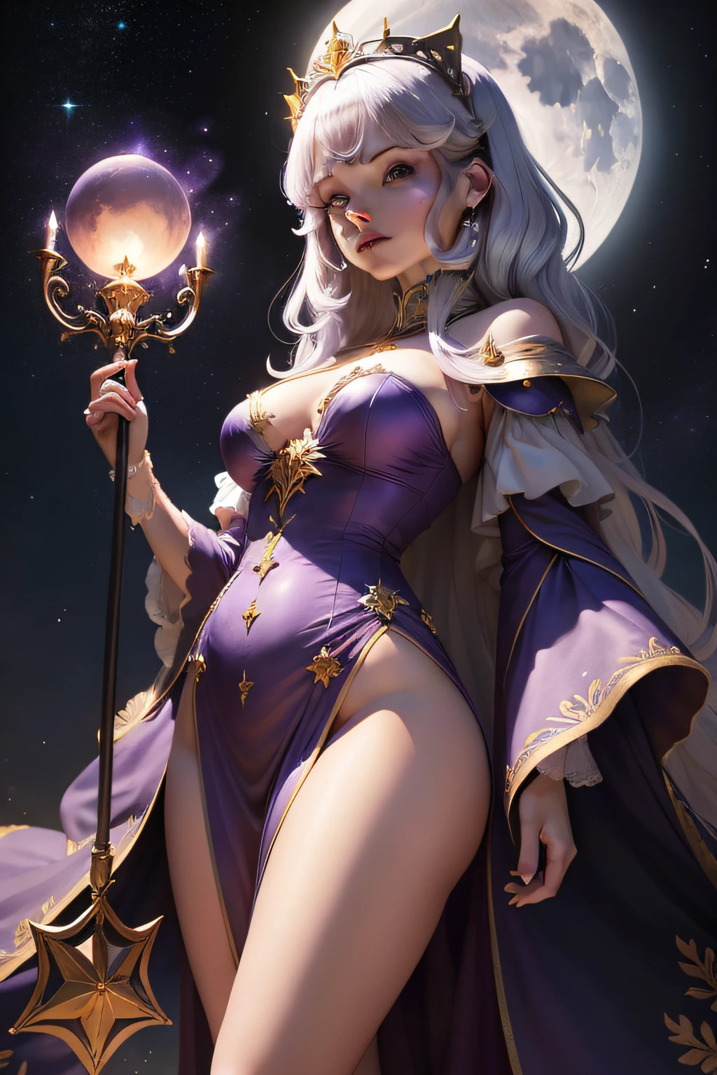 5.	Luna Estrela: Luna tem cabelos prateados longos e ondulados, deep violet eyes and pale skin. Ela veste um vestido longo de veludo roxo escuro com detalhes de estrelas cintilantes. Luna also wears a crown of stars in her hair and carries a staff with a glowing sphere at the tip.