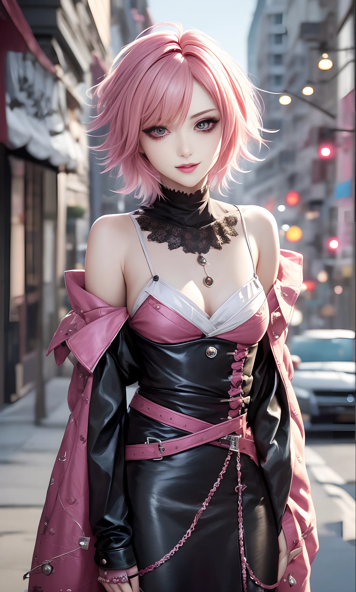 masterpiece, top-quality, ((1womanl)), Adults, different color, finely eye and detailed face, intricate detailes, Casual clothing((Sexy clothes)), window, A smile, Happiness, tenderness, high-level image quality、 selfee, Beautuful Women、tall、a small face, The upper part of the body、nightfall, nighttime scene、𝓡𝓸𝓶𝓪𝓷𝓽𝓲𝓬、Korea person, Idol Photos, Model photo, k pop, Professional Photos, Vampires, Korean fashion in black and white, Fedoman with necklace, inspired by Sim Sa-jeong, androgynous vampire, :9 detailed face: 8, extra detailed face, detailed punk hair, ((eyes are brown)) baggy eyes, Seductive. Highly detailed, semi realistic anime, Vampires, hyperrealistic , Delicate androgynous princess, imvu, ((short hair woman)), Pink hair woman with wild look, ((Woman with short pink hair)), ((1 persons))