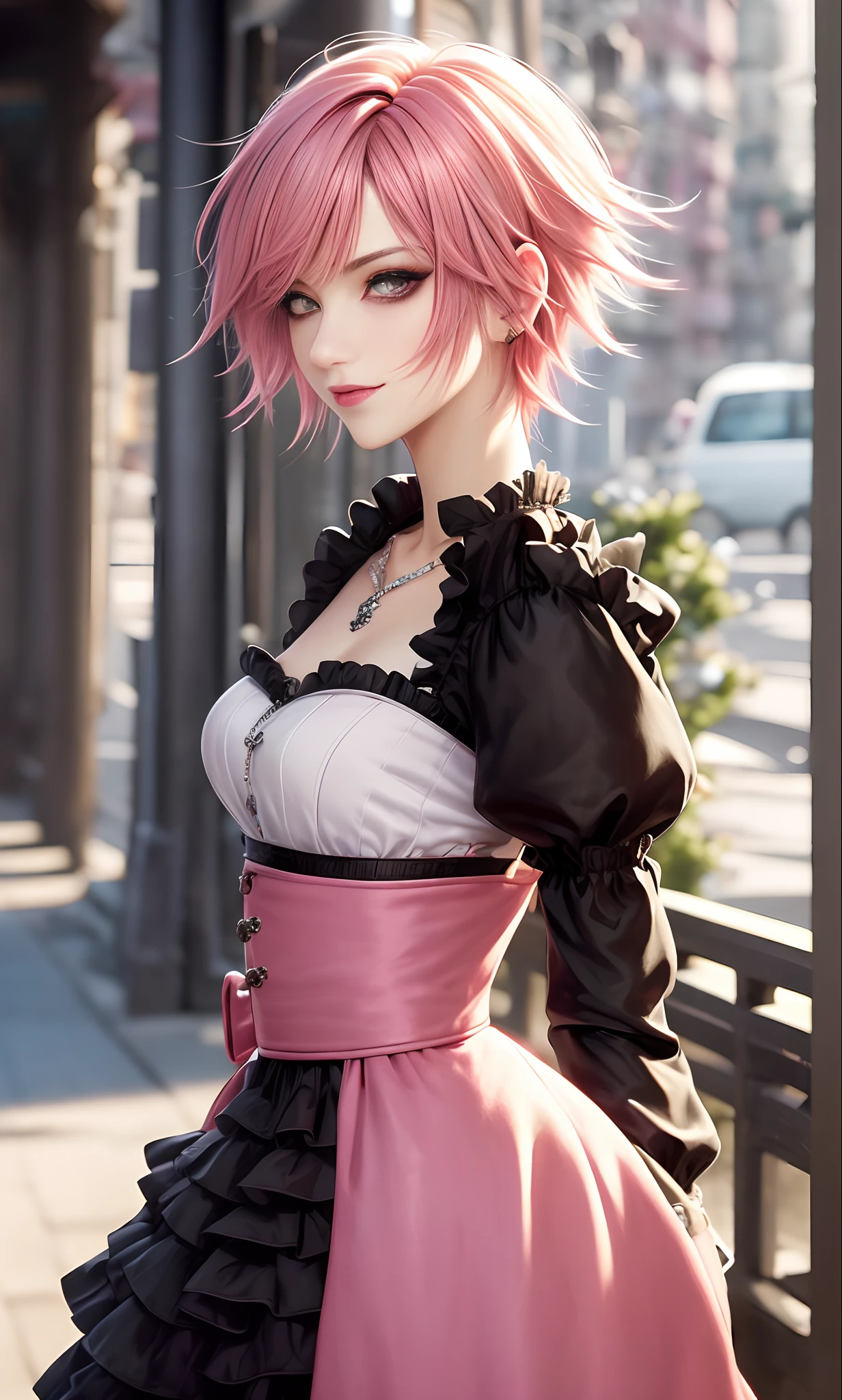 masterpiece, top-quality, ((1womanl)), Adults, different color, finely eye and detailed face, intricate detailes, Casual clothing((Sexy clothes)), window, A smile, Happiness, tenderness, high-level image quality、 selfee, Beautuful Women、tall、a small face, The upper part of the body、nightfall, nighttime scene、𝓡𝓸𝓶𝓪𝓷𝓽𝓲𝓬、Korea person, Idol Photos, Model photo, k pop, Professional Photos, Vampires, Korean fashion in black and white, Fedoman with necklace, inspired by Sim Sa-jeong, androgynous vampire, :9 detailed face: 8, extra detailed face, detailed punk hair, ((eyes are brown)) baggy eyes, Seductive. Highly detailed, semi realistic anime, Vampires, hyperrealistic teen, Delicate androgynous princess, imvu, ((short hair woman)), Pink hair woman with wild look, ((Woman with short pink hair)), ((1 persons))