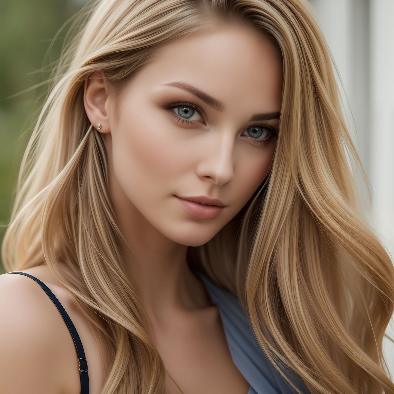 Alafed woman with long hair and light brown eyes posing for photo, beautiful female model, Bite your lip, frech, Agitation, blonde and attractive features, Leichtes, langweiliges Haar, Hellbraune Augen, attraktives weibliches Gesicht, blonde hair pretty face, Beautiful woman's face, young beautiful woman, Beautiful fine facial features, schönheitsporträt, runny, shinny hair,whitedress, nacht, stadt, citylife, upper body, hintergrund