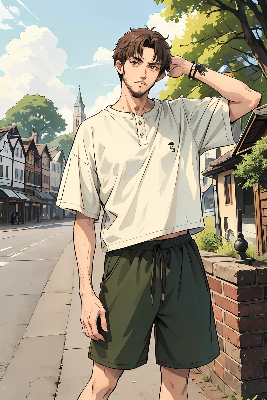 Henley collar t-shirt, baggy shorts, dark green and white clothing, young adult, 19 years, ikemen, brown eyes, detailed eyes, brown hairs, short hair, beard, cool expression, cool looks, cool pose, athletic, 6 foot tall, chill pose, masterpiece, European village background, nature background, old street background