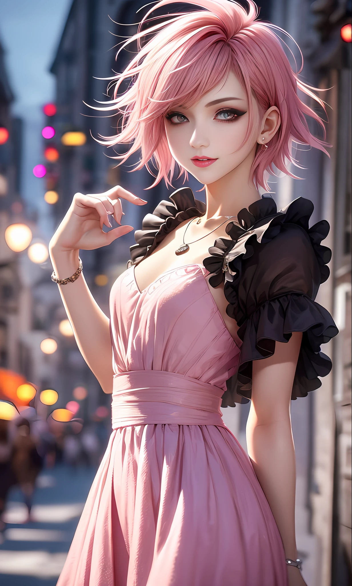 masterpiece, top-quality, ((1womanl)), Adults, different color, finely eye and detailed face, intricate detailes, Casual clothing((Sexy clothes)), window, A smile, Happiness, tenderness, high-level image quality、 selfee, Beautuful Women、tall、a small face, The upper part of the body、nightfall, nighttime scene、𝓡𝓸𝓶𝓪𝓷𝓽𝓲𝓬、Korea person, Idol Photos, Model photo, k pop, Professional Photos, Vampires, Korean fashion in black and white, Fedoman with necklace, inspired by Sim Sa-jeong, androgynous vampire, :9 detailed face: 8, extra detailed face, detailed punk hair, ((eyes are brown)) baggy eyes, Seductive. Highly detailed, semi realistic anime, Vampires, hyperrealistic , Delicate androgynous princess, imvu, ((short hair woman)), Pink hair woman with wild look, ((Woman with short pink hair)), ((1 persons))
